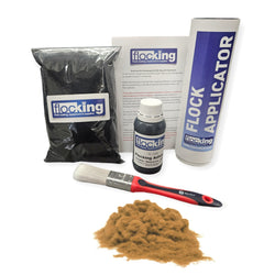 Flocking Kit with Arena Brown 1mm flock fibres, Pre- Pigmented 1 part Arena Brown Flocking Adhesive, a manual tube applicator, a paint brush to apply the Glue and full step by step instruction manual.