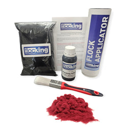Flocking Kit with Bordeaux Red 1mm flock fibres, Pre- Pigmented 1 part Bordeaux Red Flocking Adhesive, a manual tube applicator, a paint brush to apply the Glue and full step by step instruction manual.
