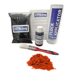 Flocking Kit with Burnt Orange 1mm flock fibres, Pre- Pigmented 1 part Burnt Orange Flocking Adhesive, a manual tube applicator, a paint brush to apply the Glue and full step by step instruction manual.