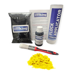 Flocking Kit with Canary Yellow 1mm flock fibres, Pre- Pigmented 1 part Canary Yellow Flocking Adhesive, a manual tube applicator, a paint brush to apply the Glue and full step by step instruction manual.