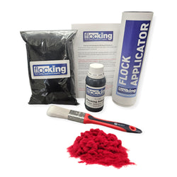 Flocking Kit with Chilli Red 1mm flock fibres, Pre- Pigmented 1 part Chilli Red Flocking Adhesive, a manual tube applicator, a paint brush to apply the Glue and full step by step instruction manual.