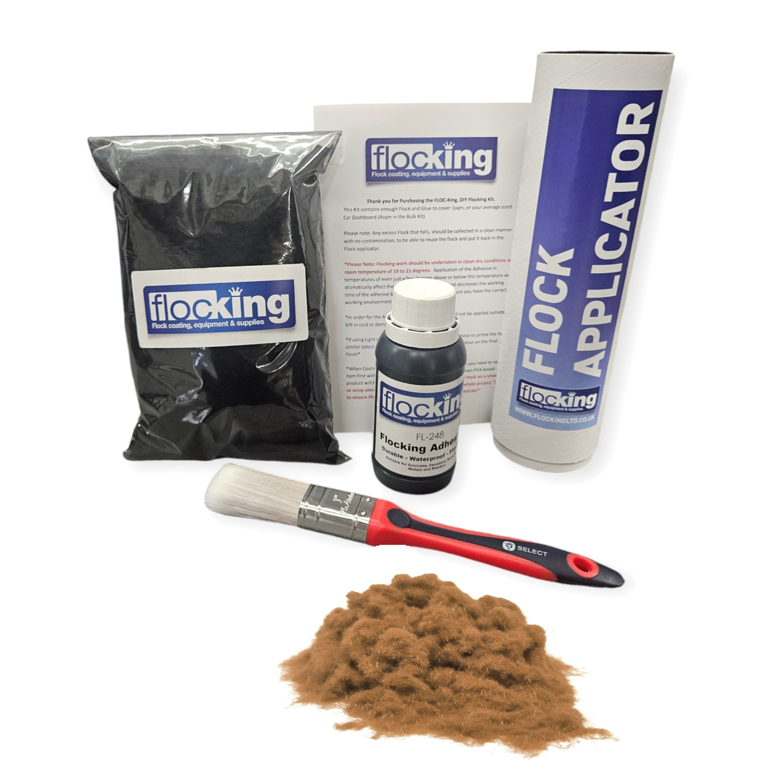 Flocking Kit with Cocoa Brown 1mm flock fibres, Pre- Pigmented 1 part Cocoa Brown Flocking Adhesive, a manual tube applicator, a paint brush to apply the Glue and full step by step instruction manual.