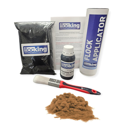 Flocking Kit with Cocoa Brown 1mm flock fibres, Pre- Pigmented 1 part Cocoa Brown Flocking Adhesive, a manual tube applicator, a paint brush to apply the Glue and full step by step instruction manual.