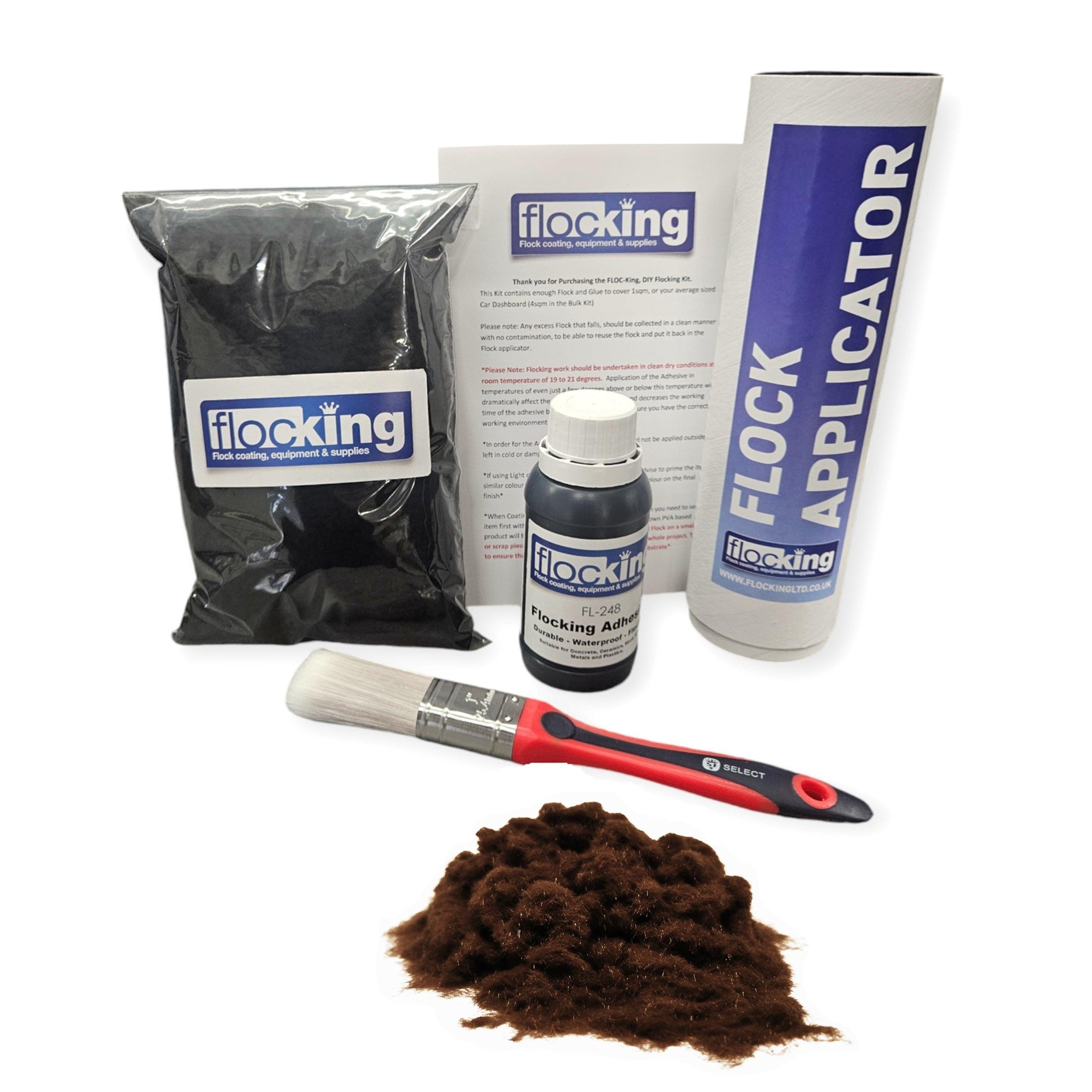 Flocking Kit with Dark Brown 1mm flock fibres, Pre- Pigmented 1 part Dark Brown Flocking Adhesive, a manual tube applicator, a paint brush to apply the Glue and full step by step instruction manual.