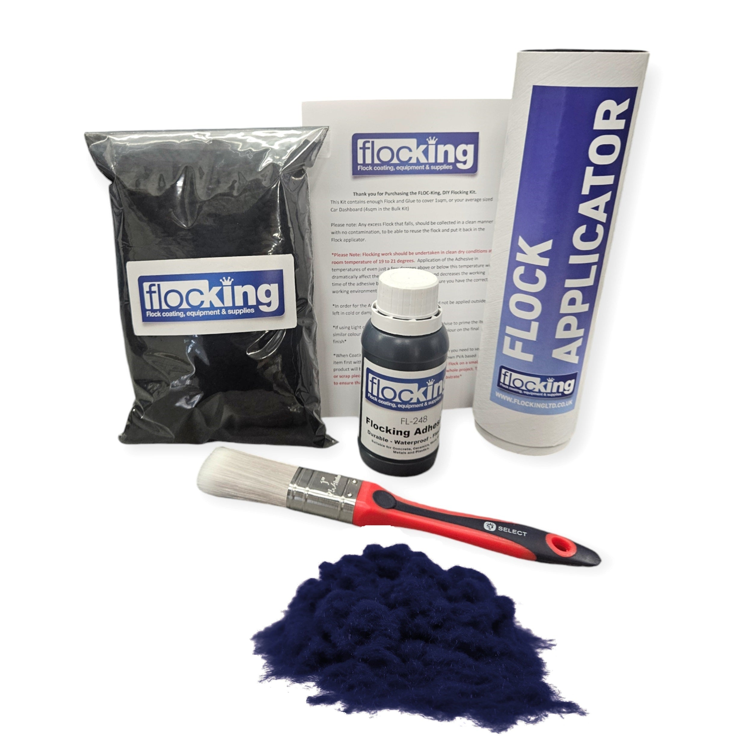 Flocking Kit with Dark Navy 1mm flock fibres, Pre- Pigmented 1 part Dark Navy Flocking Adhesive, a manual tube applicator, a paint brush to apply the Glue and full step by step instruction manual.