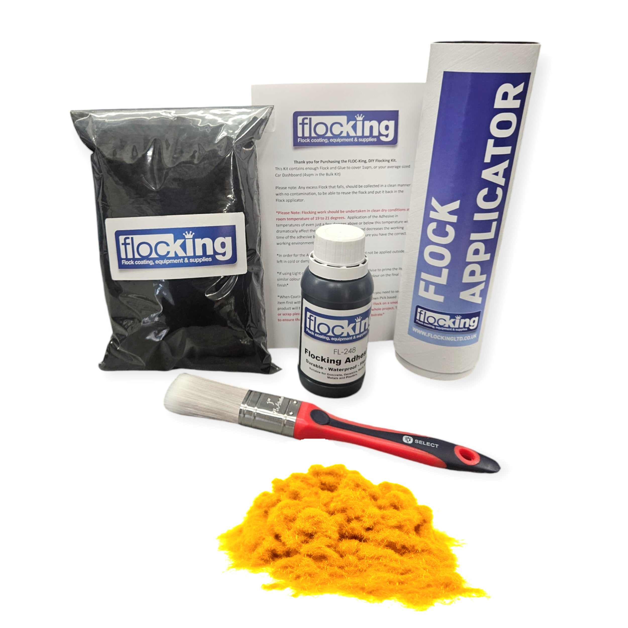 Flocking Kit with Deep Yellow 1mm flock fibres, Pre- Pigmented 1 part Deep Yellow Flocking Adhesive, a manual tube applicator, a paint brush to apply the Glue and full step by step instruction manual.