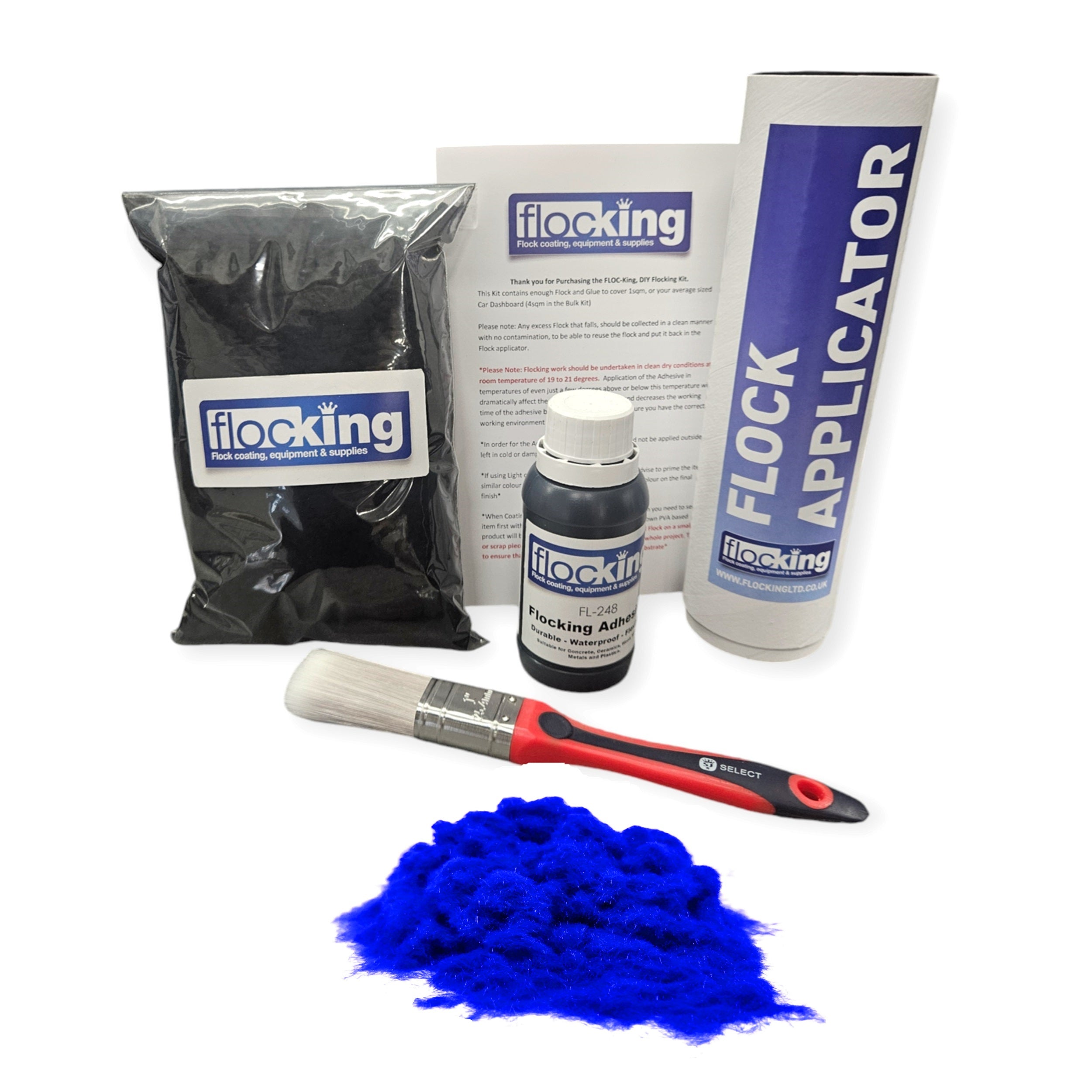 Flocking Kit with Electric Blue 1mm flock fibres, Pre- Pigmented 1 part Electric Blue Flocking Adhesive, a manual tube applicator, a paint brush to apply the Glue and full step by step instruction manual.