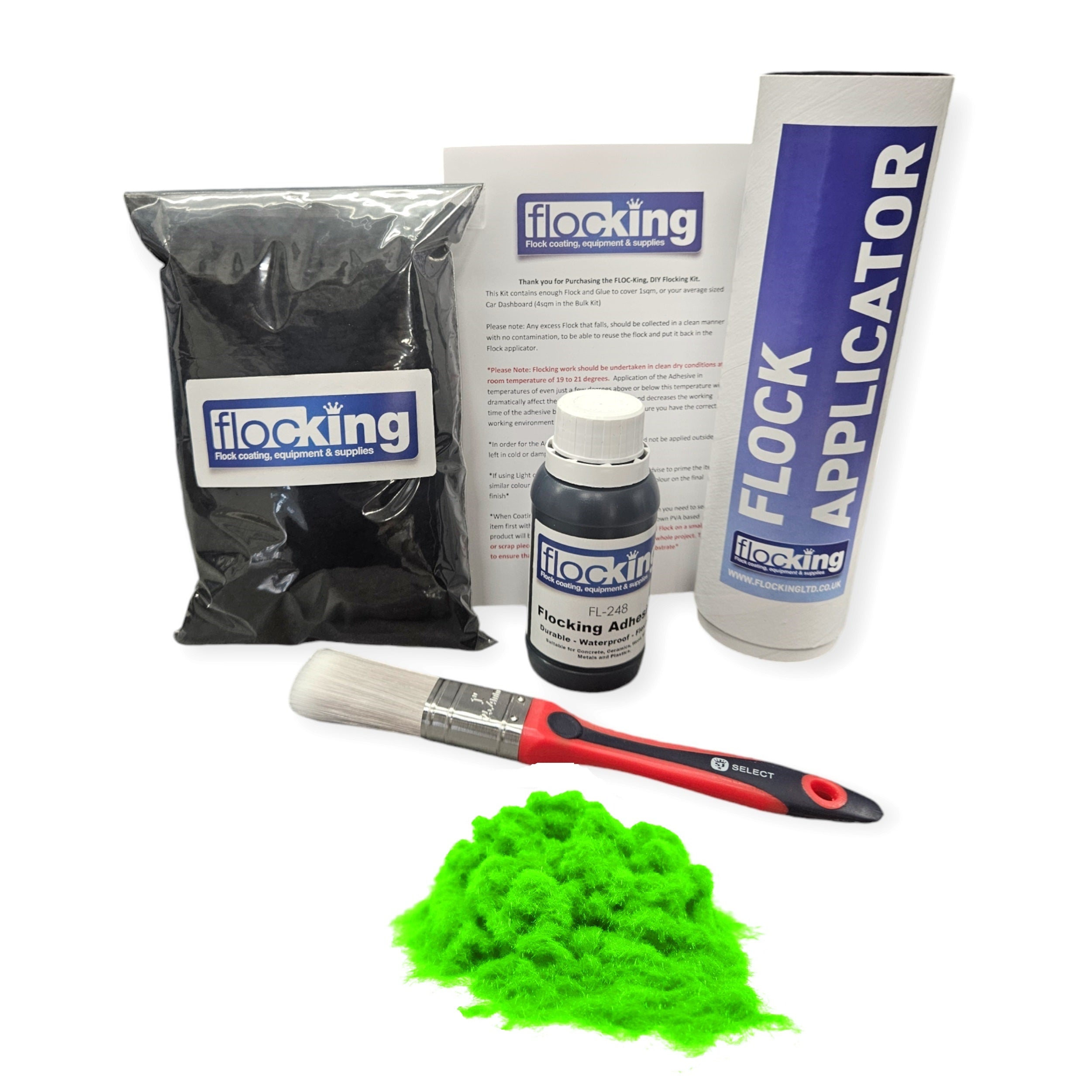 Flocking Kit with Fluorescent Green 1mm flock fibres, Pre- Pigmented 1 part Fluorescent Green Flocking Adhesive, a manual tube applicator, a paint brush to apply the Glue and full step by step instruction manual.