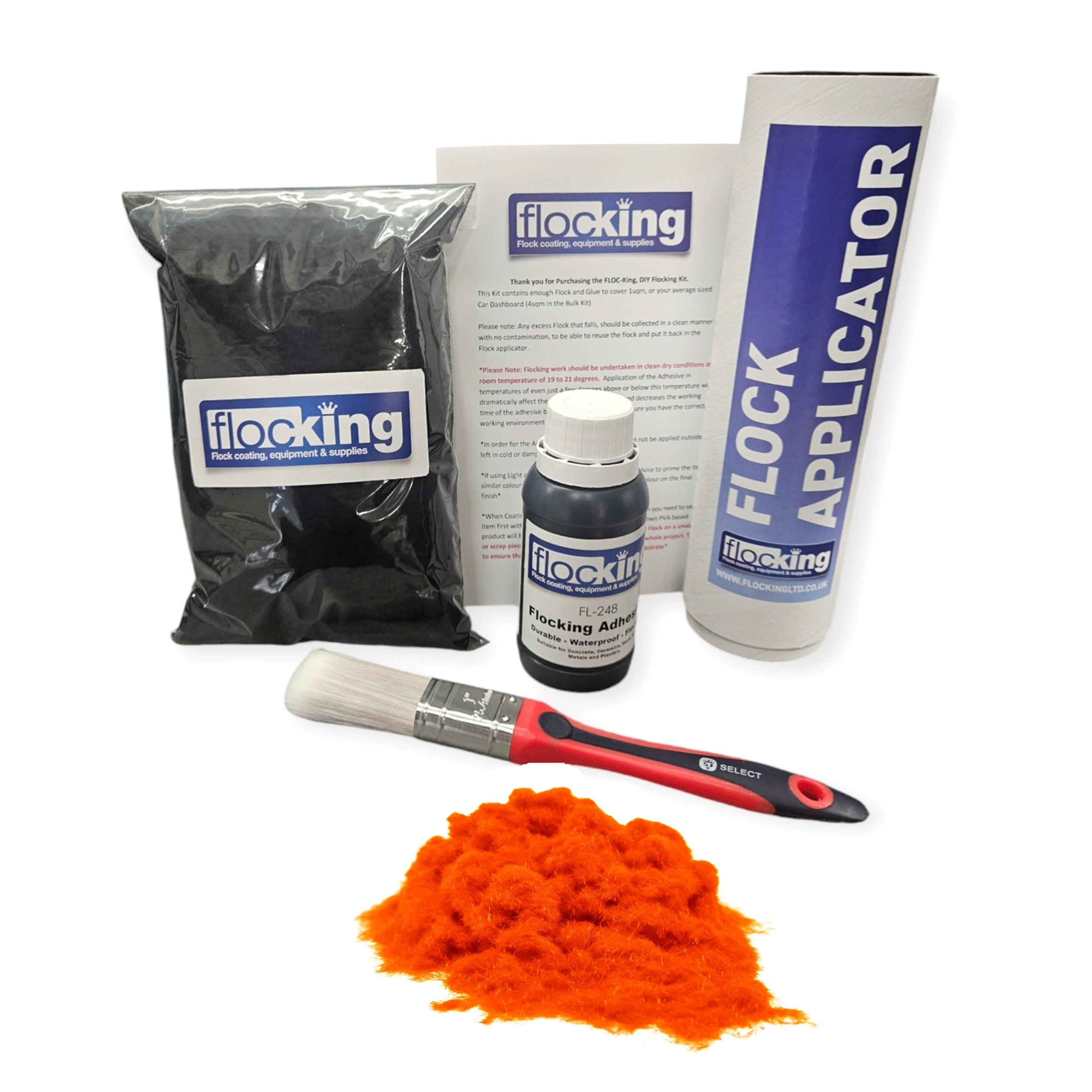 Flocking Kit with Fluorescent Orange 1mm flock fibres, Pre- Pigmented 1 part Fluorescent Orange Flocking Adhesive, a manual tube applicator, a paint brush to apply the Glue and full step by step instruction manual.