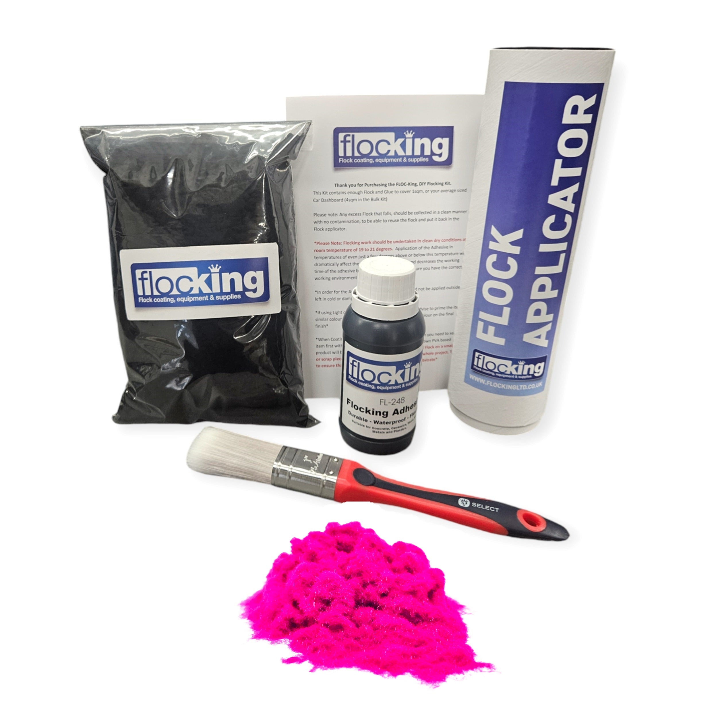 Flocking Kit with Fluorescent Pink  1mm flock fibres, Pre- Pigmented 1 part Fluorescent Pink Flocking Adhesive, a manual tube applicator, a paint brush to apply the Glue and full step by step instruction manual.