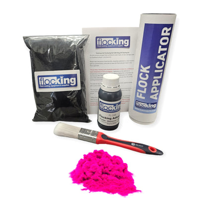 Flocking Kit with Fluorescent Pink  1mm flock fibres, Pre- Pigmented 1 part Fluorescent Pink Flocking Adhesive, a manual tube applicator, a paint brush to apply the Glue and full step by step instruction manual.