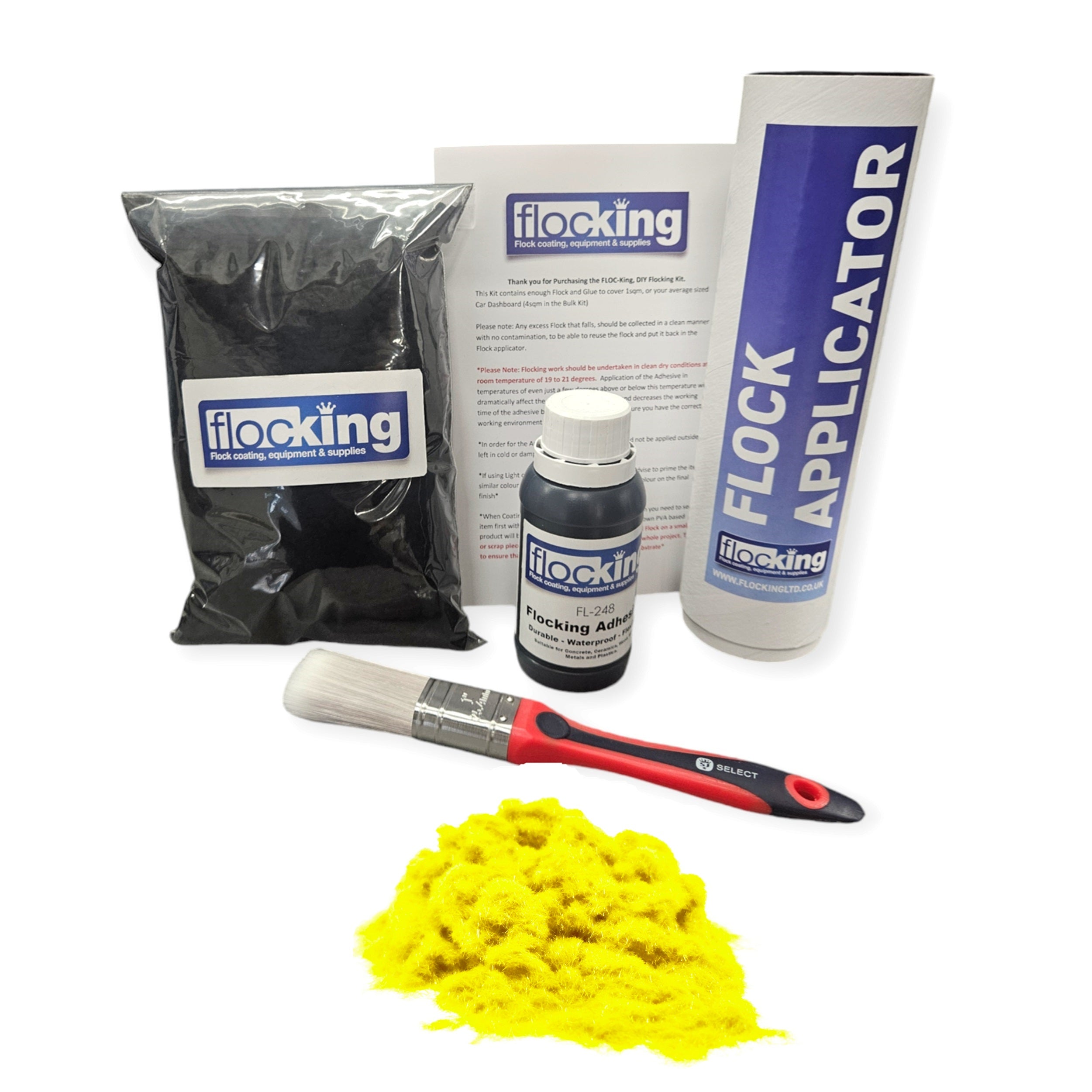 Flocking Kit with Fluorescent Yellow 1mm flock fibres, Pre- Pigmented 1 part Fluorescent Yellow Flocking Adhesive, a manual tube applicator, a paint brush to apply the Glue and full step by step instruction manual.