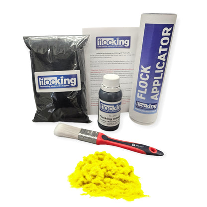 Flocking Kit with Fluorescent Yellow 1mm flock fibres, Pre- Pigmented 1 part Fluorescent Yellow Flocking Adhesive, a manual tube applicator, a paint brush to apply the Glue and full step by step instruction manual.