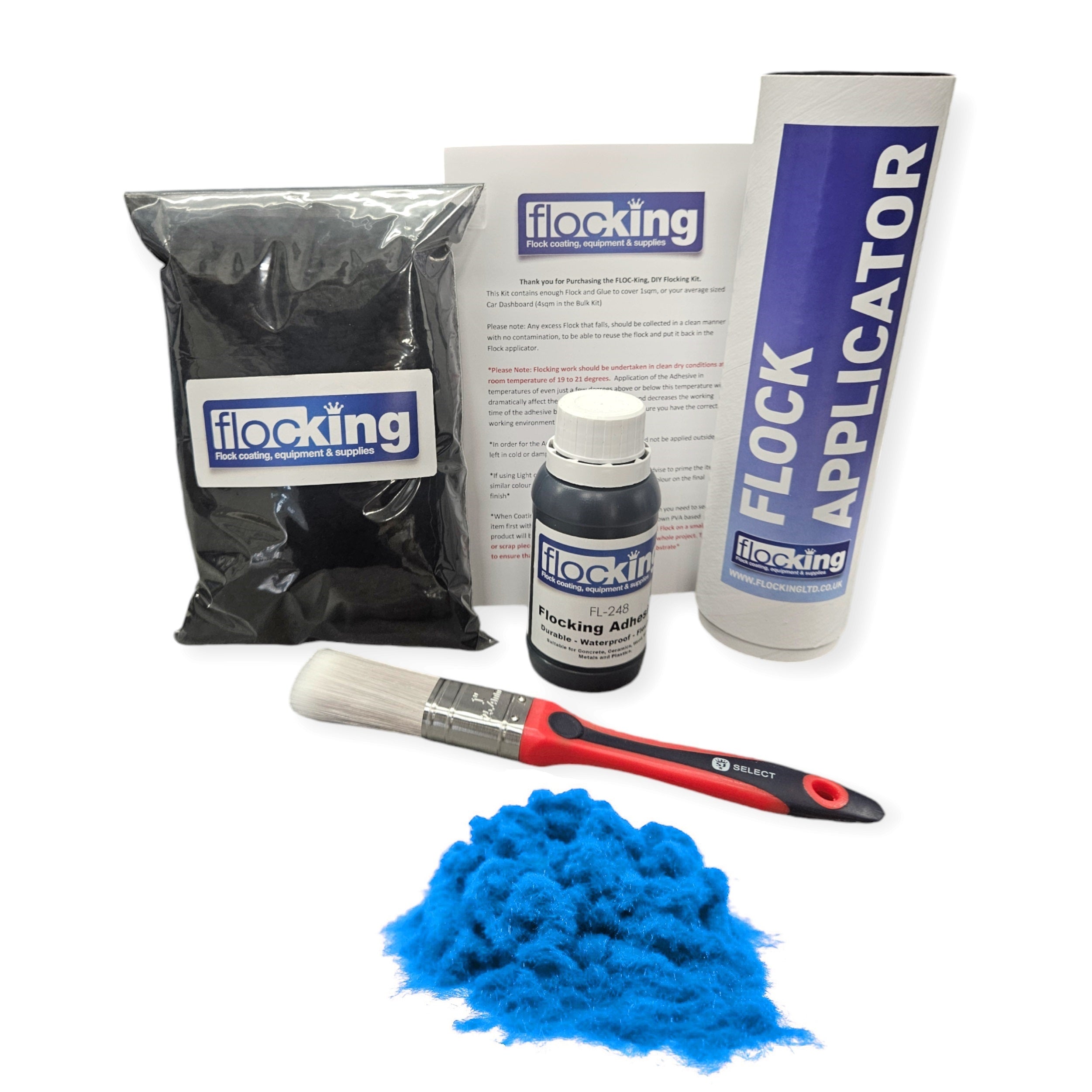 Flocking Kit with French Blue 1mm flock fibres, Pre- Pigmented 1 part French Blue Flocking Adhesive, a manual tube applicator, a paint brush to apply the Glue and full step by step instruction manual.