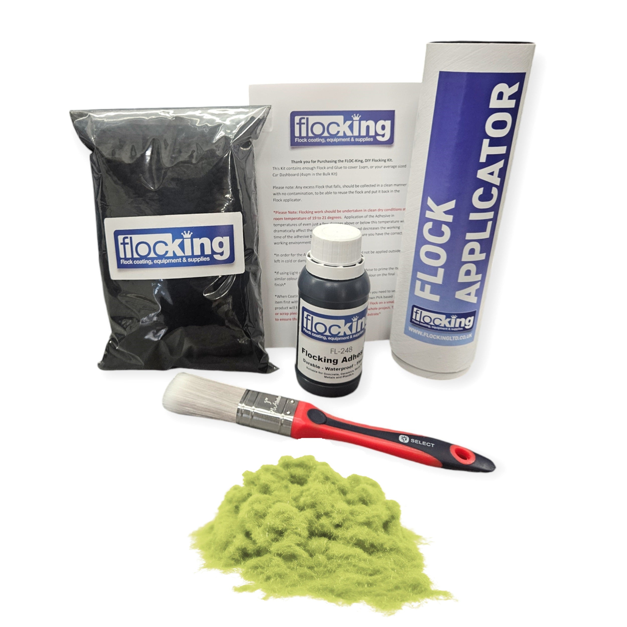 Flocking Kit with Gooseberry Green 1mm flock fibres, Pre- Pigmented 1 part Gooseberry Green Flocking Adhesive, a manual tube applicator, a paint brush to apply the Glue and full step by step instruction manual.
