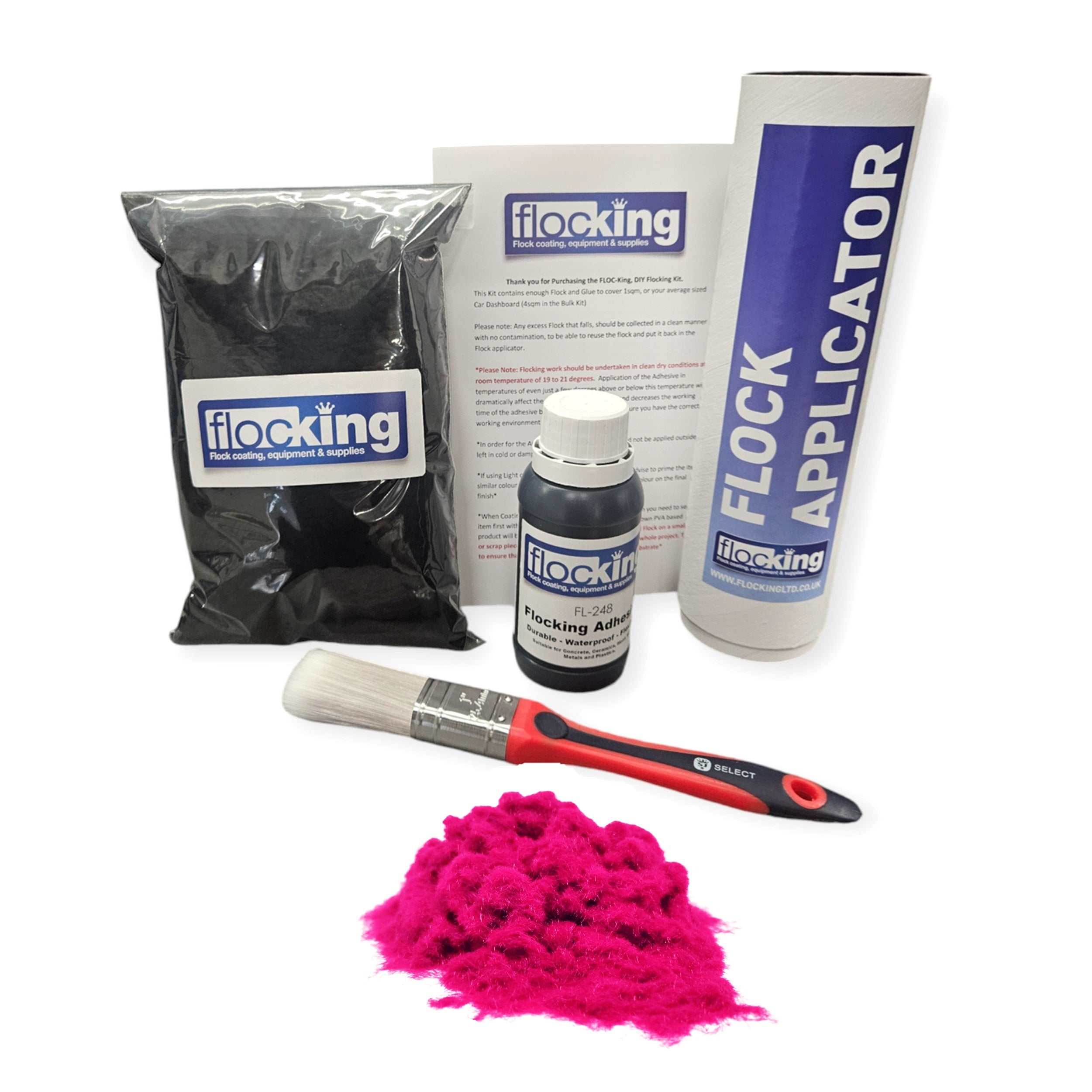 Flocking Kit with Hot Pink 1mm flock fibres, Pre- Pigmented 1 part Hot Pink Flocking Adhesive, a manual tube applicator, a paint brush to apply the Glue and full step by step instruction manual.