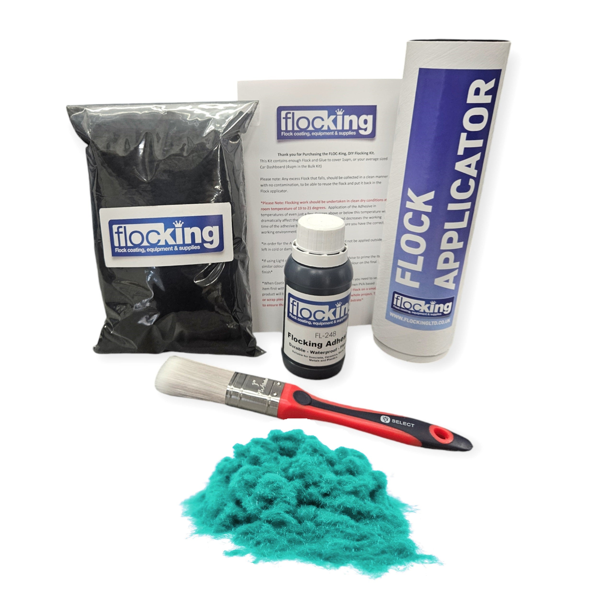 Flocking Kit with Light Turquoise 1mm flock fibres, Pre- Pigmented 1 part Light Turquoise Flocking Adhesive, a manual tube applicator, a paint brush to apply the Glue and full step by step instruction manual.