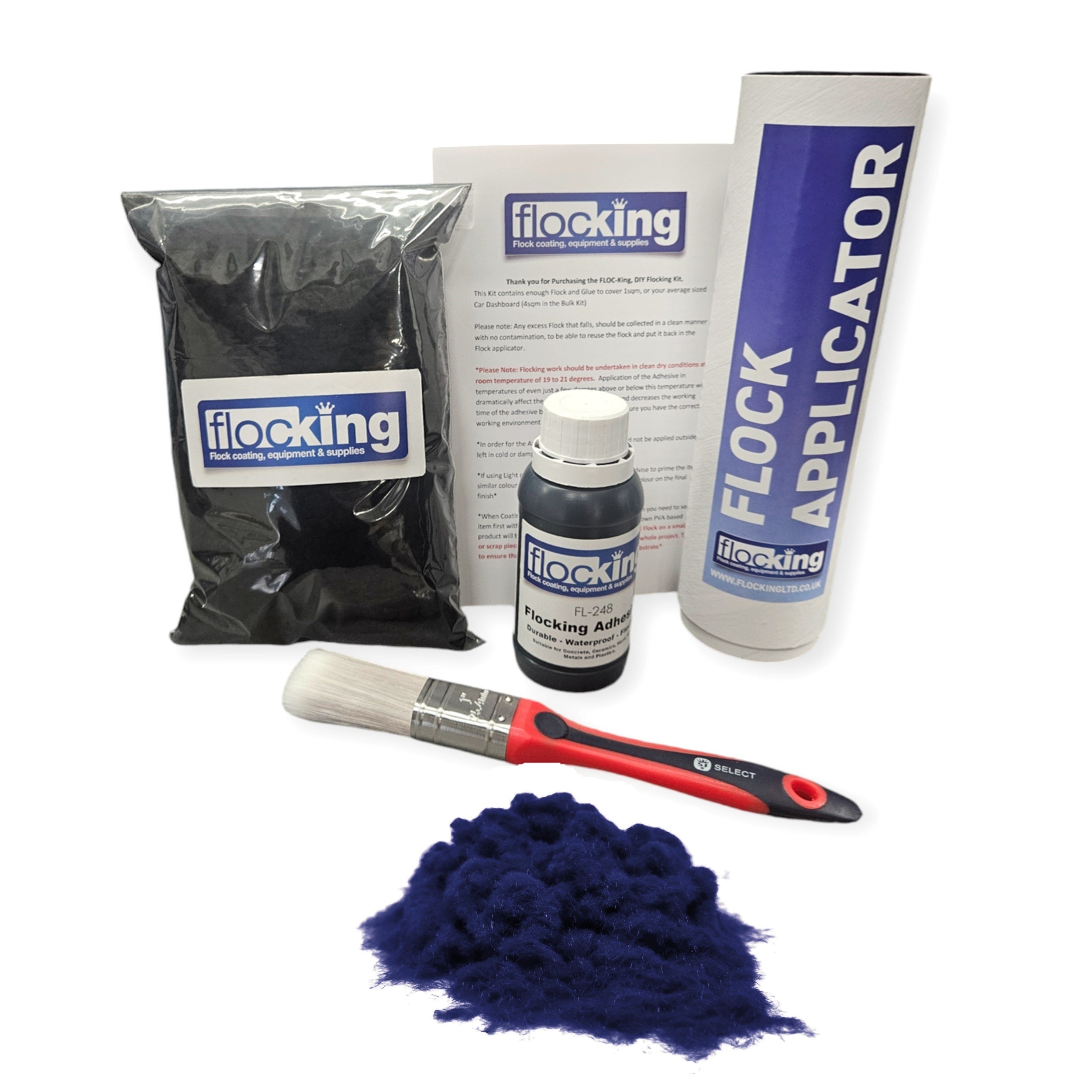Flocking Kit with navy blue 1mm flock fibres, Pre- Pigmented 1 part navy blue Flocking Adhesive, a manual tube applicator, a paint brush to apply the Glue and full step by step instruction manual.