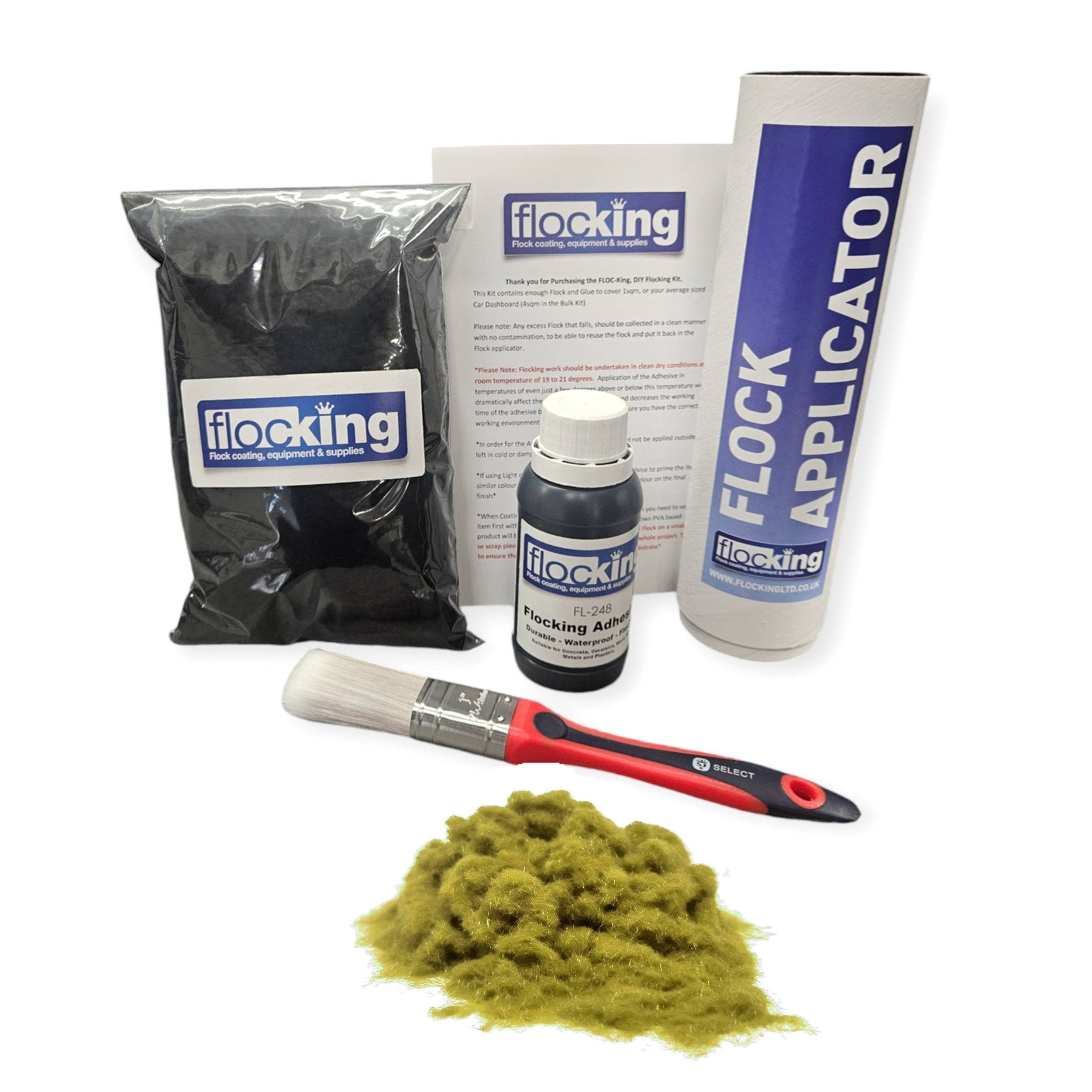 Flocking Kit with Olive Green 1mm flock fibres, Pre- Pigmented 1 part Olive Green Flocking Adhesive, a manual tube applicator, a paint brush to apply the Glue and full step by step instruction manual.