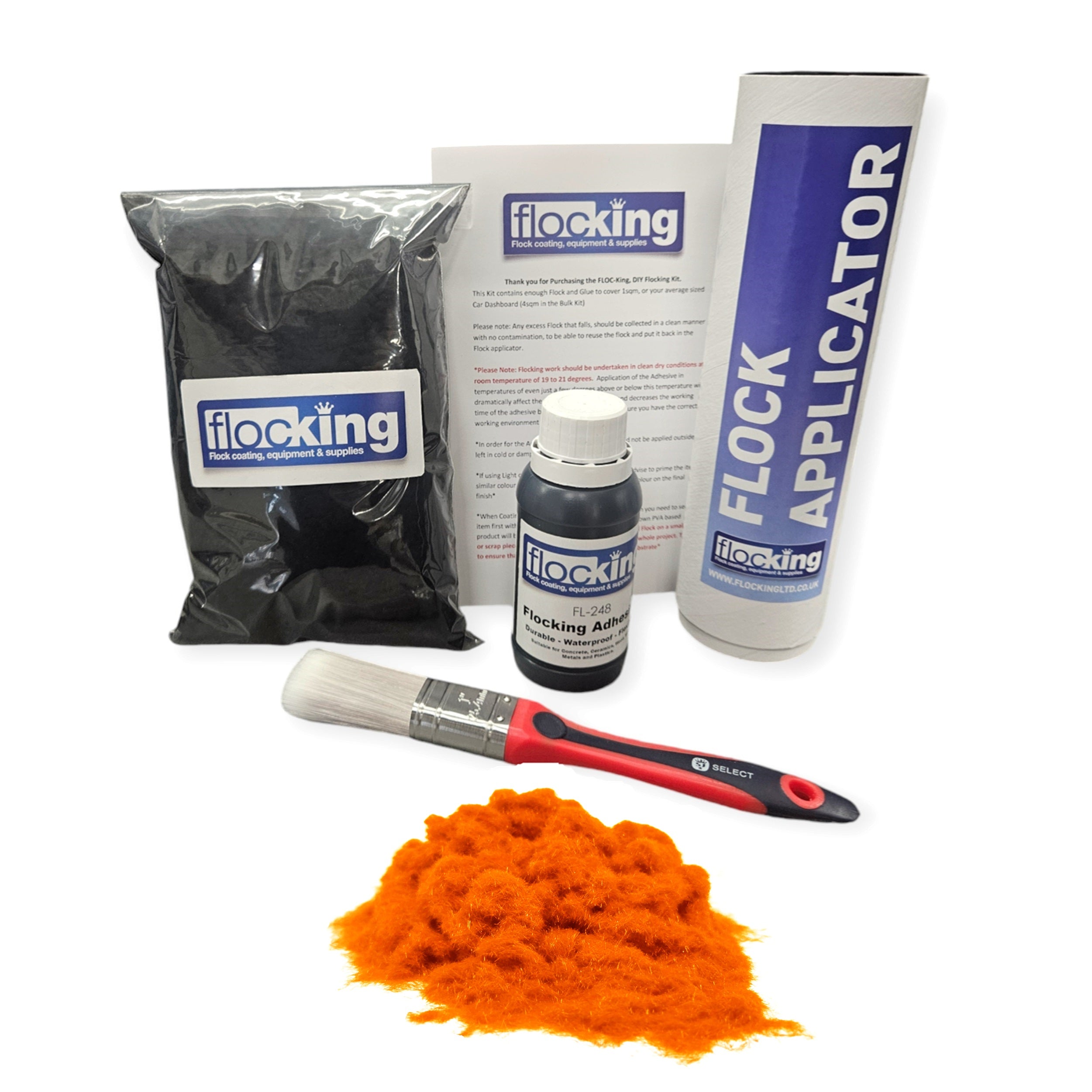 Flocking Kit with Orange 1mm flock fibres, Pre- Pigmented 1 part Orange Flocking Adhesive, a manual tube applicator, a paint brush to apply the Glue and full step by step instruction manual.