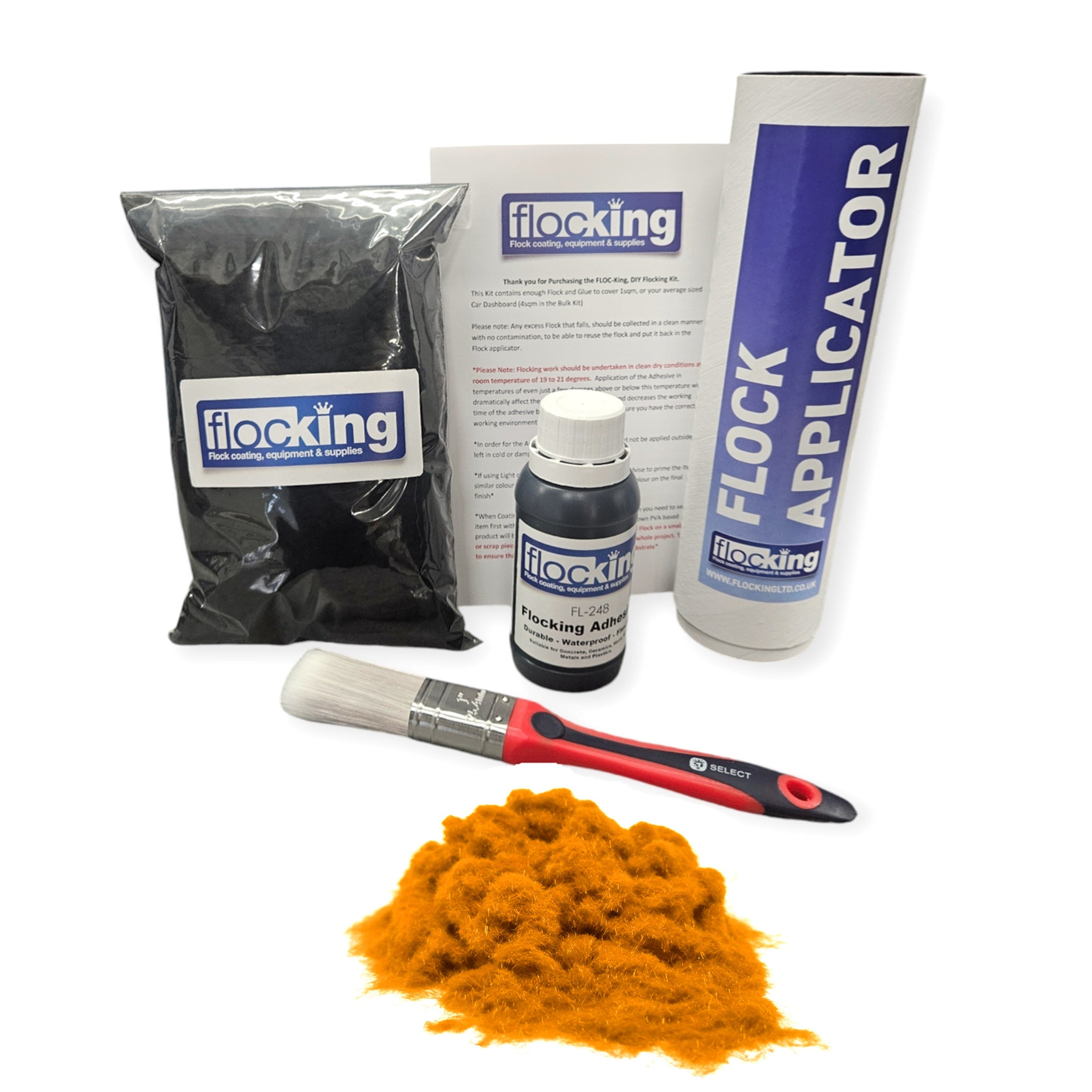 Flocking Kit with Oro Gold 1mm flock fibres, Pre- Pigmented 1 part Oro Gold Flocking Adhesive, a manual tube applicator, a paint brush to apply the Glue and full step by step instruction manual.