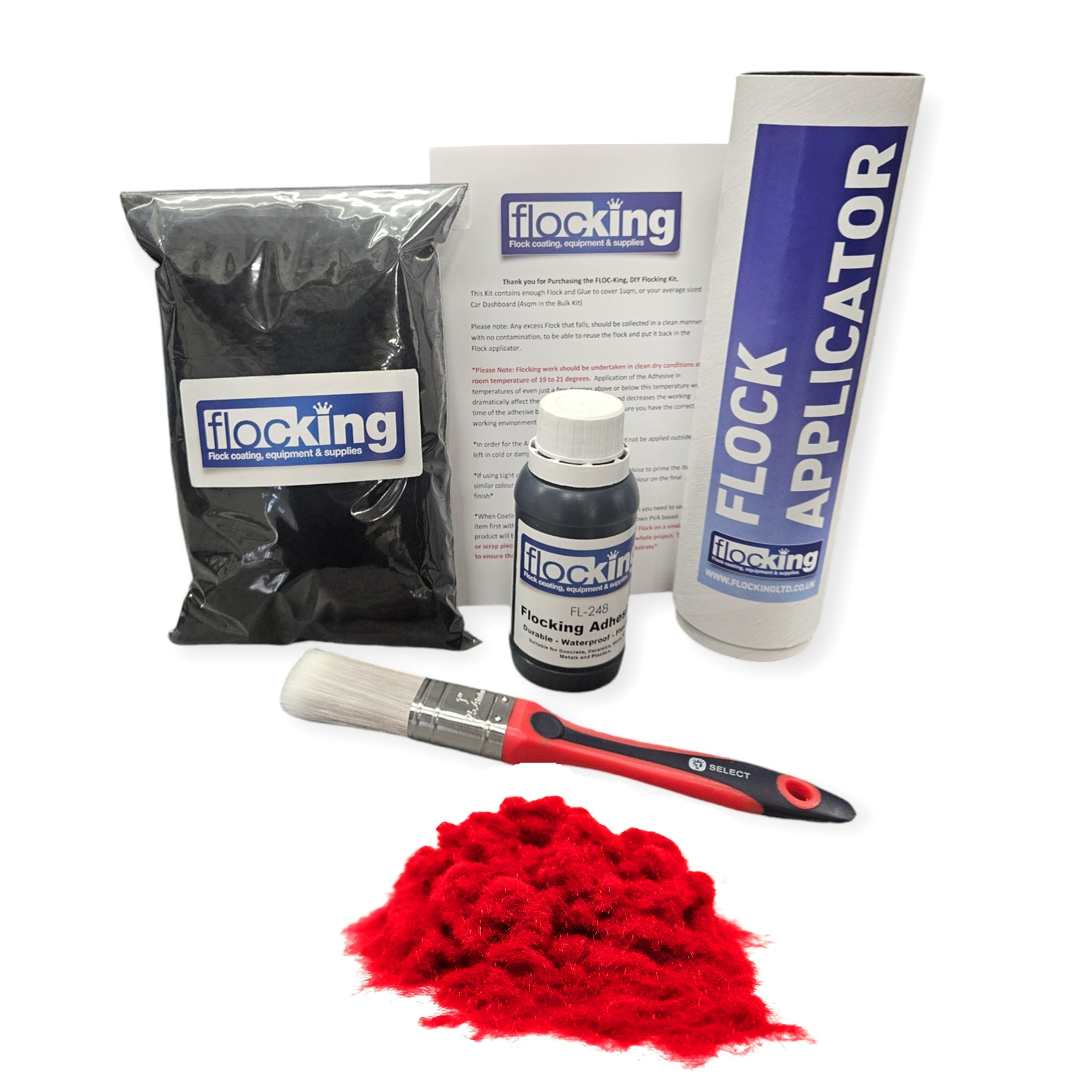 Flocking Kit with Pillar Box Red 1mm flock fibres, Pre- Pigmented 1 part Pillar Box Red Flocking Adhesive, a manual tube applicator, a paint brush to apply the Glue and full step by step instruction manual.
