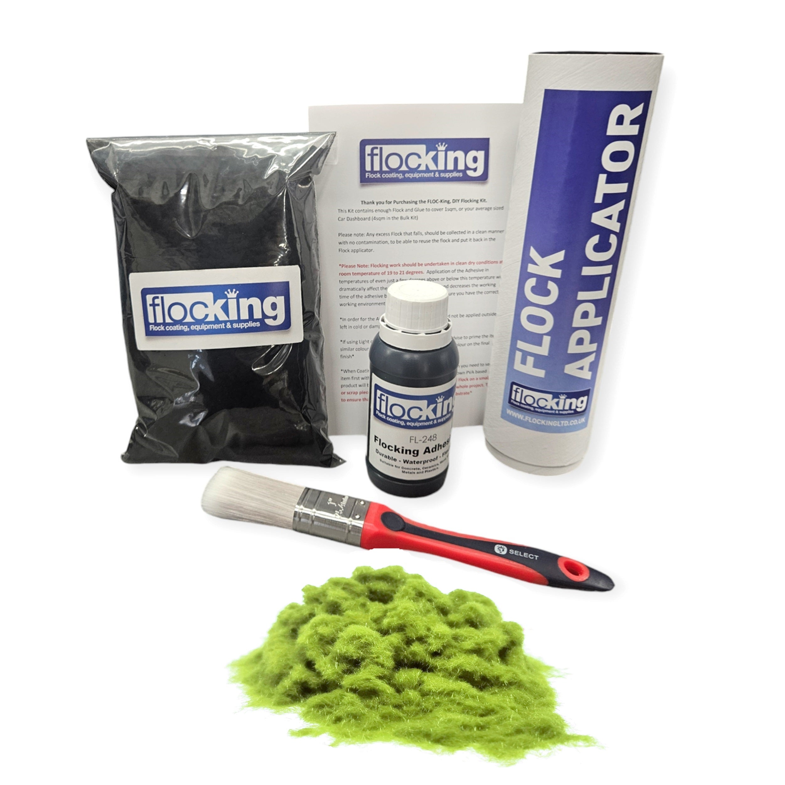 Flocking Kit with Pistachio Green 1mm flock fibres, Pre- Pigmented 1 part Pistachio Green Flocking Adhesive, a manual tube applicator, a paint brush to apply the Glue and full step by step instruction manual.