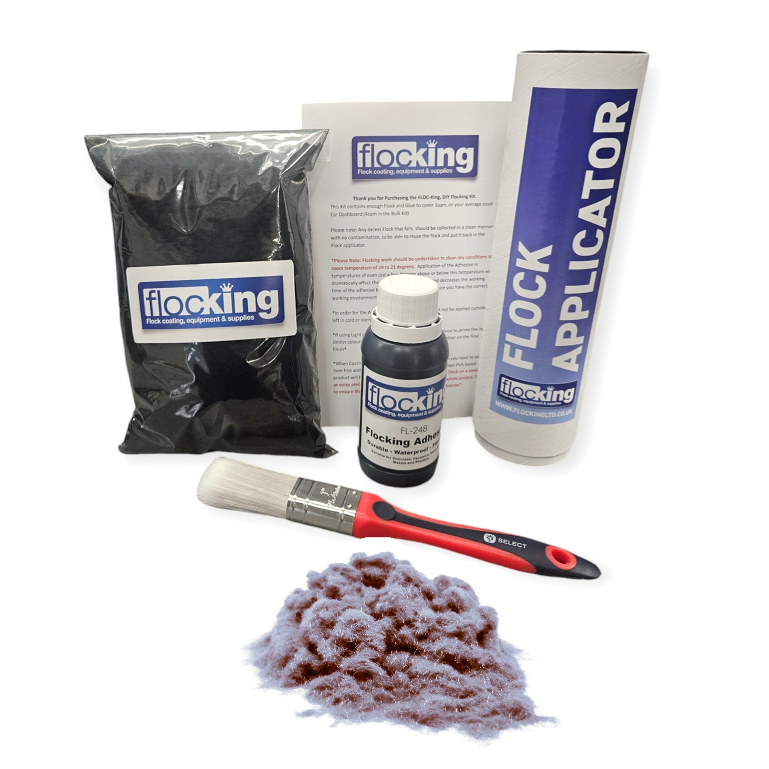 Flocking Kit with Platinum Medium Grey 1mm flock fibres, Pre- Pigmented 1 part Platinum Medium Grey Flocking Adhesive, a manual tube applicator, a paint brush to apply the Glue and full step by step instruction manual.