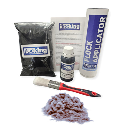 Flocking Kit with Platinum Medium Grey 1mm flock fibres, Pre- Pigmented 1 part Platinum Medium Grey Flocking Adhesive, a manual tube applicator, a paint brush to apply the Glue and full step by step instruction manual.