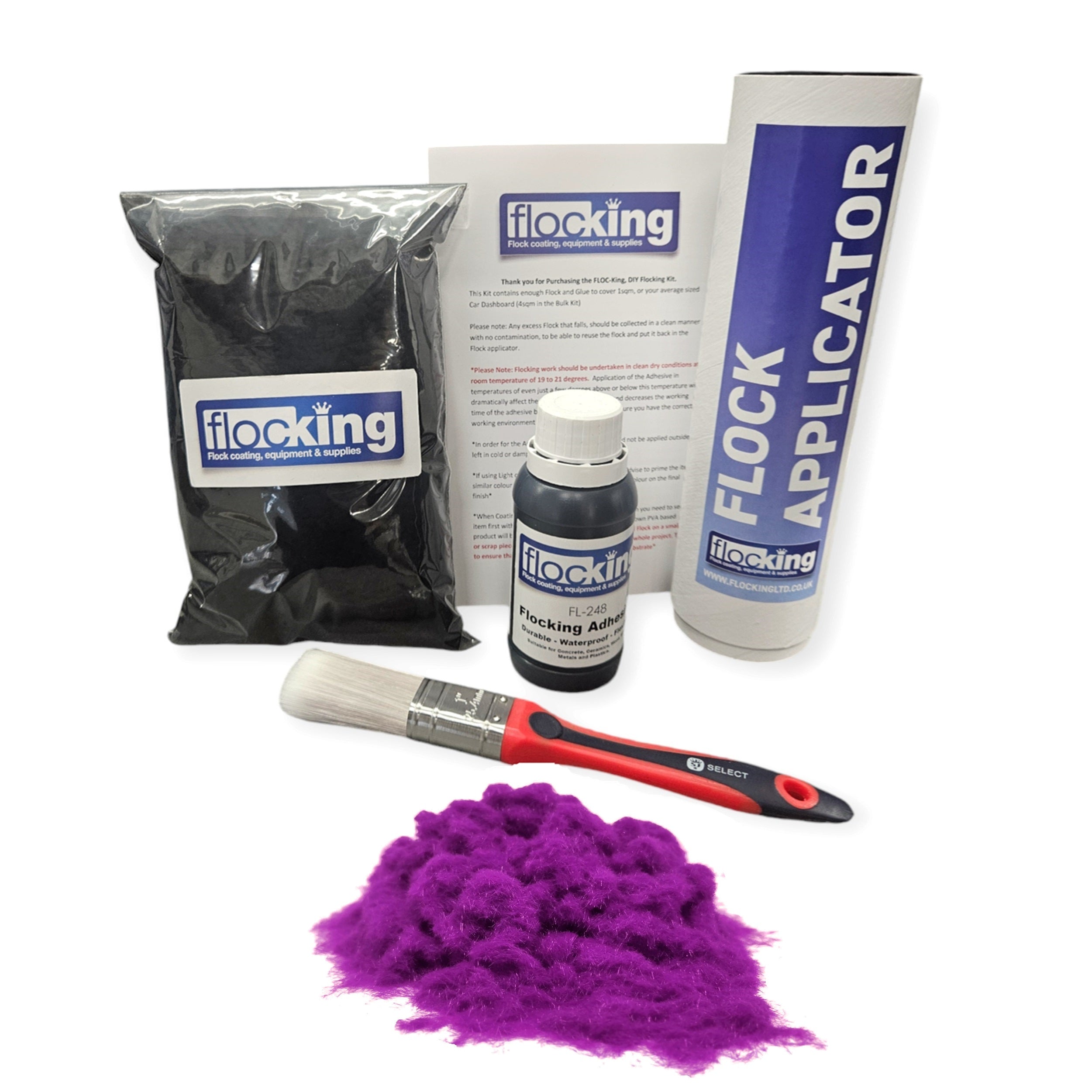 Flocking Kit with Purple 1mm flock fibres, Pre- Pigmented 1 part Purple Flocking Adhesive, a manual tube applicator, a paint brush to apply the Glue and full step by step instruction manual.