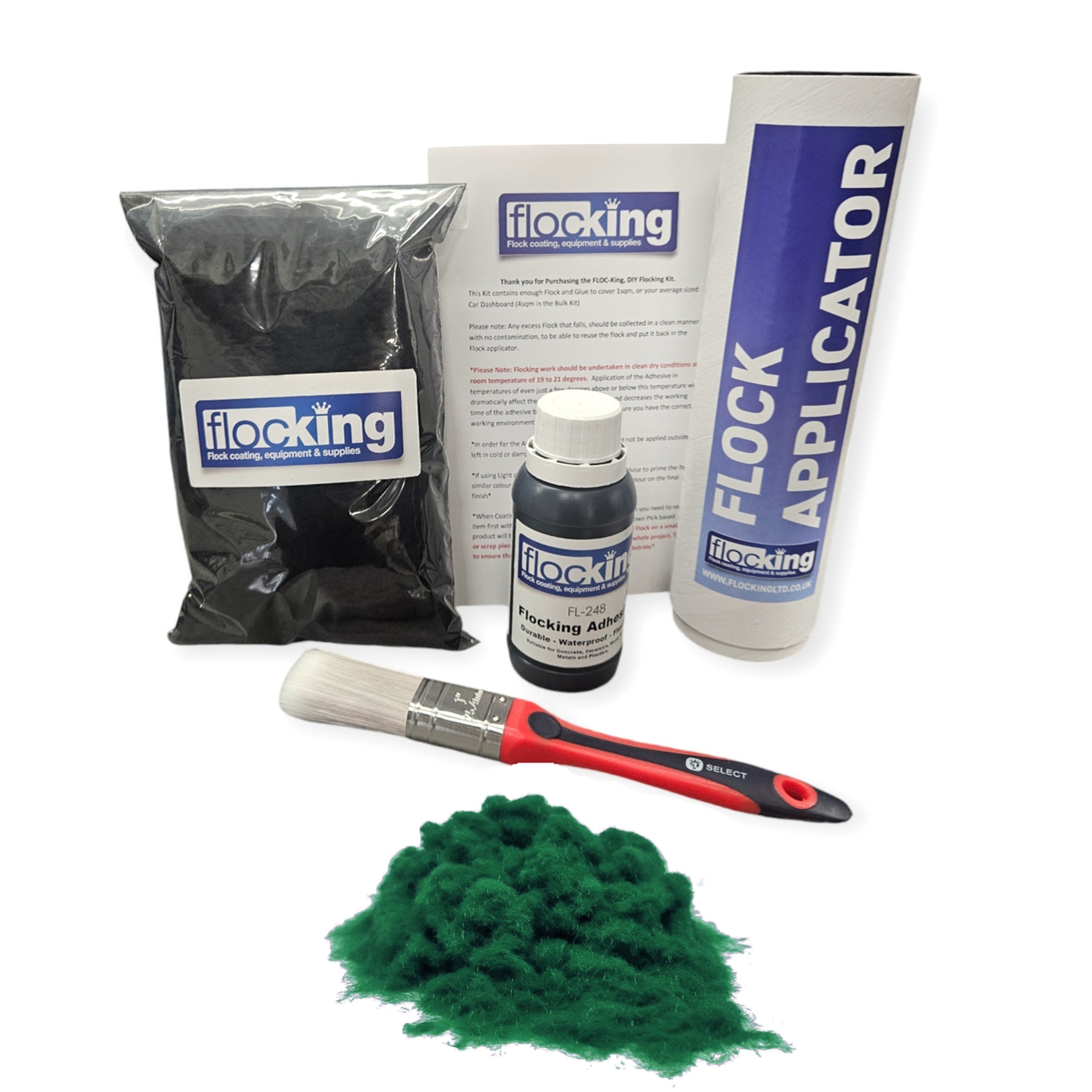 Flocking Kit with Racing Green 1mm flock fibres, Pre- Pigmented 1 part Racing Green Flocking Adhesive, a manual tube applicator, a paint brush to apply the Glue and full step by step instruction manual.