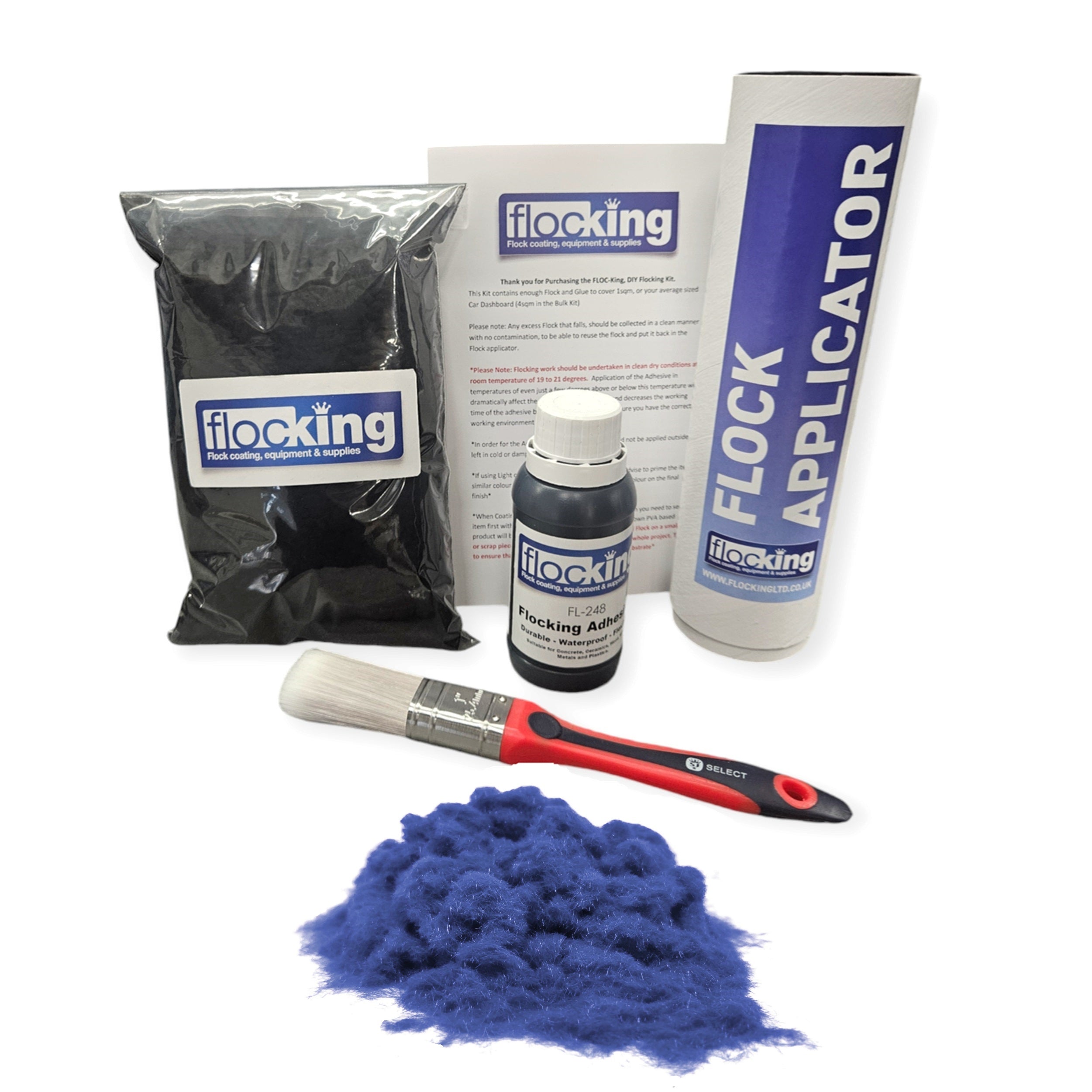 Flocking Kit with Royal blue 1mm flock fibres, Pre- Pigmented 1 part Royal Blue Flocking Adhesive, a manual tube applicator, a paint brush to apply the Glue and full step by step instruction manual.