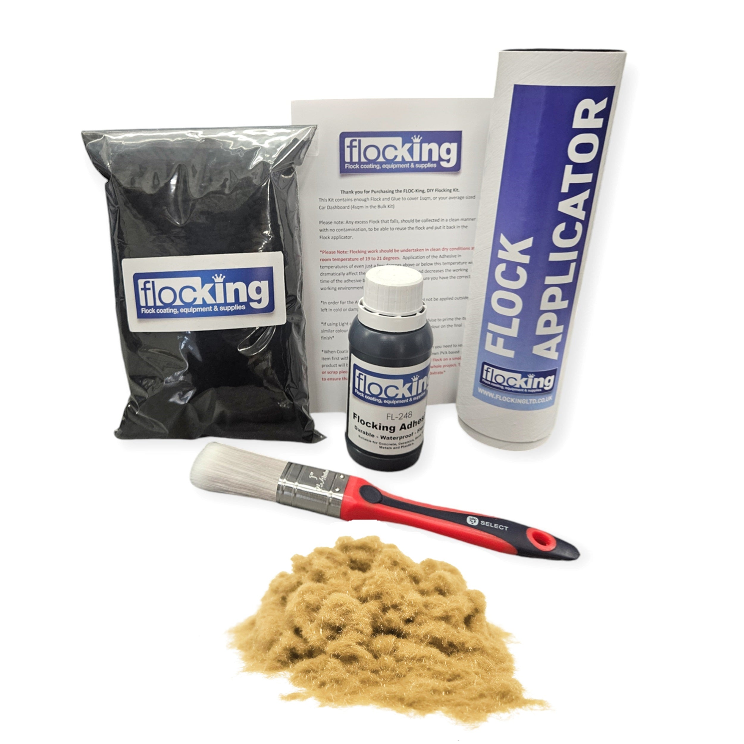 Flocking Kit with Sand Beige 1mm flock fibres, Pre- Pigmented 1 part Sand Beige Flocking Adhesive, a manual tube applicator, a paint brush to apply the Glue and full step by step instruction manual.