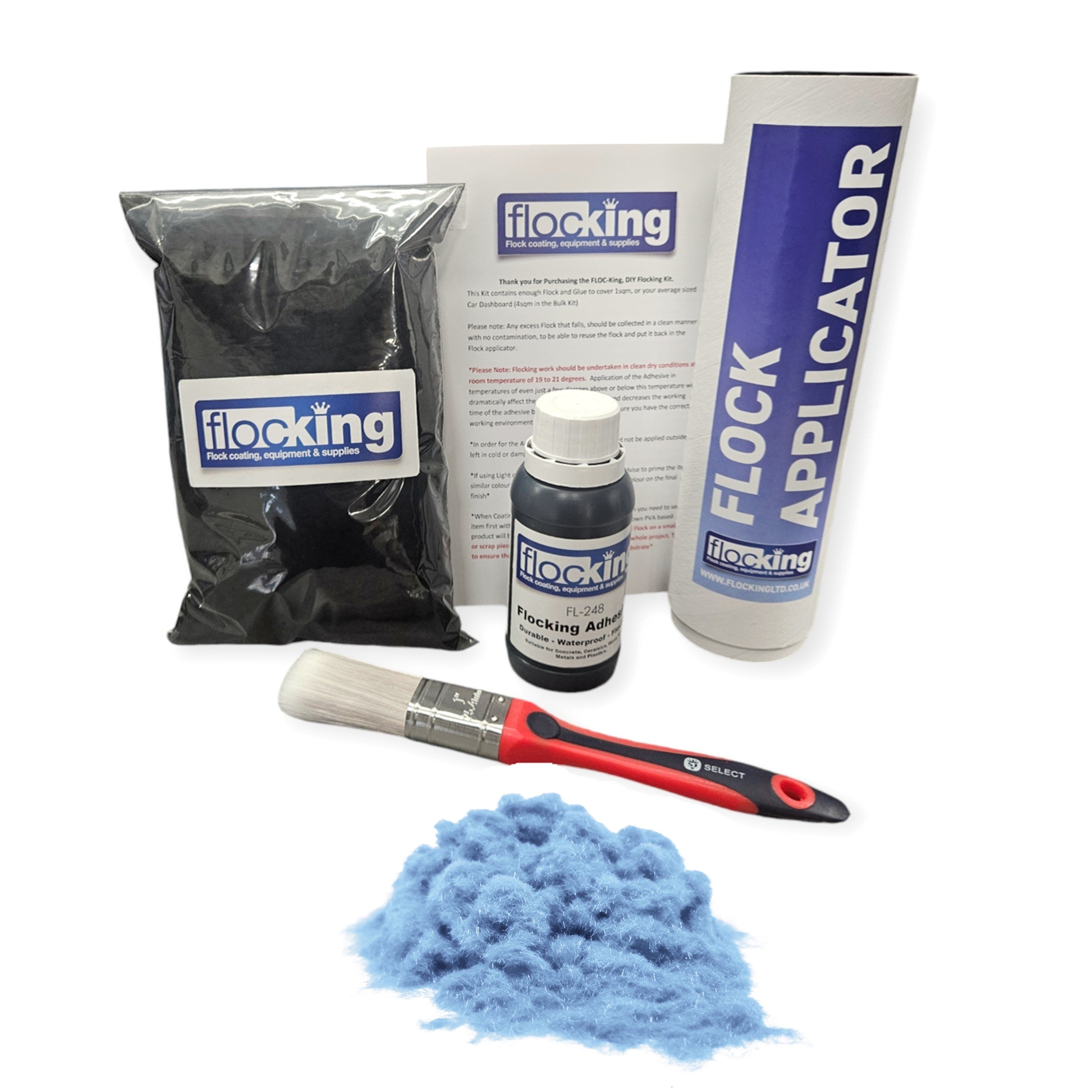 Flocking Kit with Sky Blue 1mm flock fibres, Pre- Pigmented 1 part Sky Blue Flocking Adhesive, a manual tube applicator, a paint brush to apply the Glue and full step by step instruction manual.