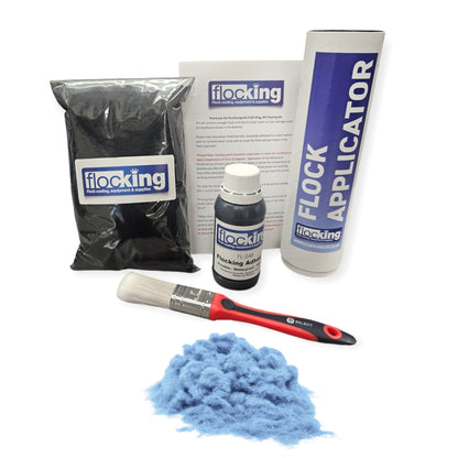 Flocking Kit with Sky Blue 1mm flock fibres, Pre- Pigmented 1 part Sky Blue Flocking Adhesive, a manual tube applicator, a paint brush to apply the Glue and full step by step instruction manual.