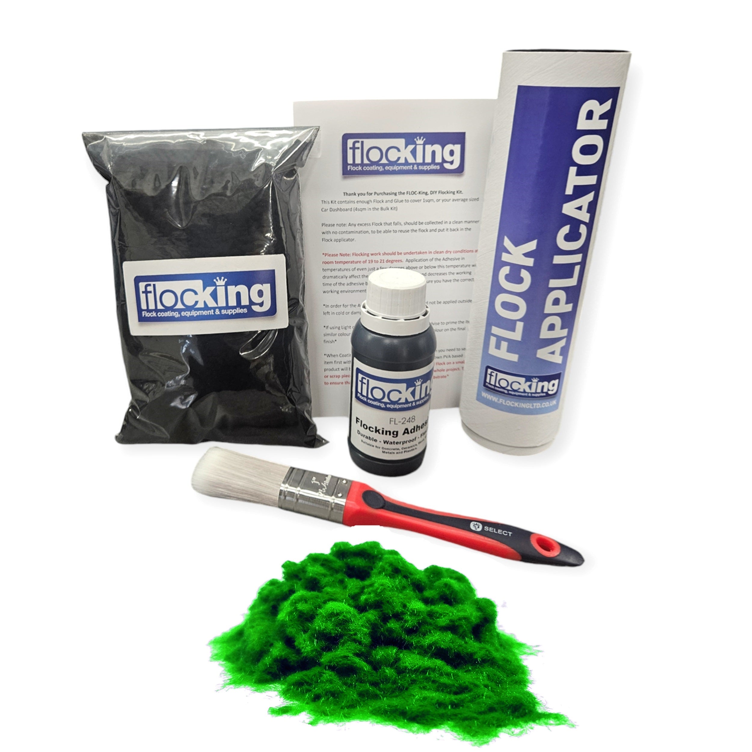 Flocking Kit with Snooker Green 1mm flock fibres, Pre- Pigmented 1 part Snooker Green Flocking Adhesive, a manual tube applicator, a paint brush to apply the Glue and full step by step instruction manual.