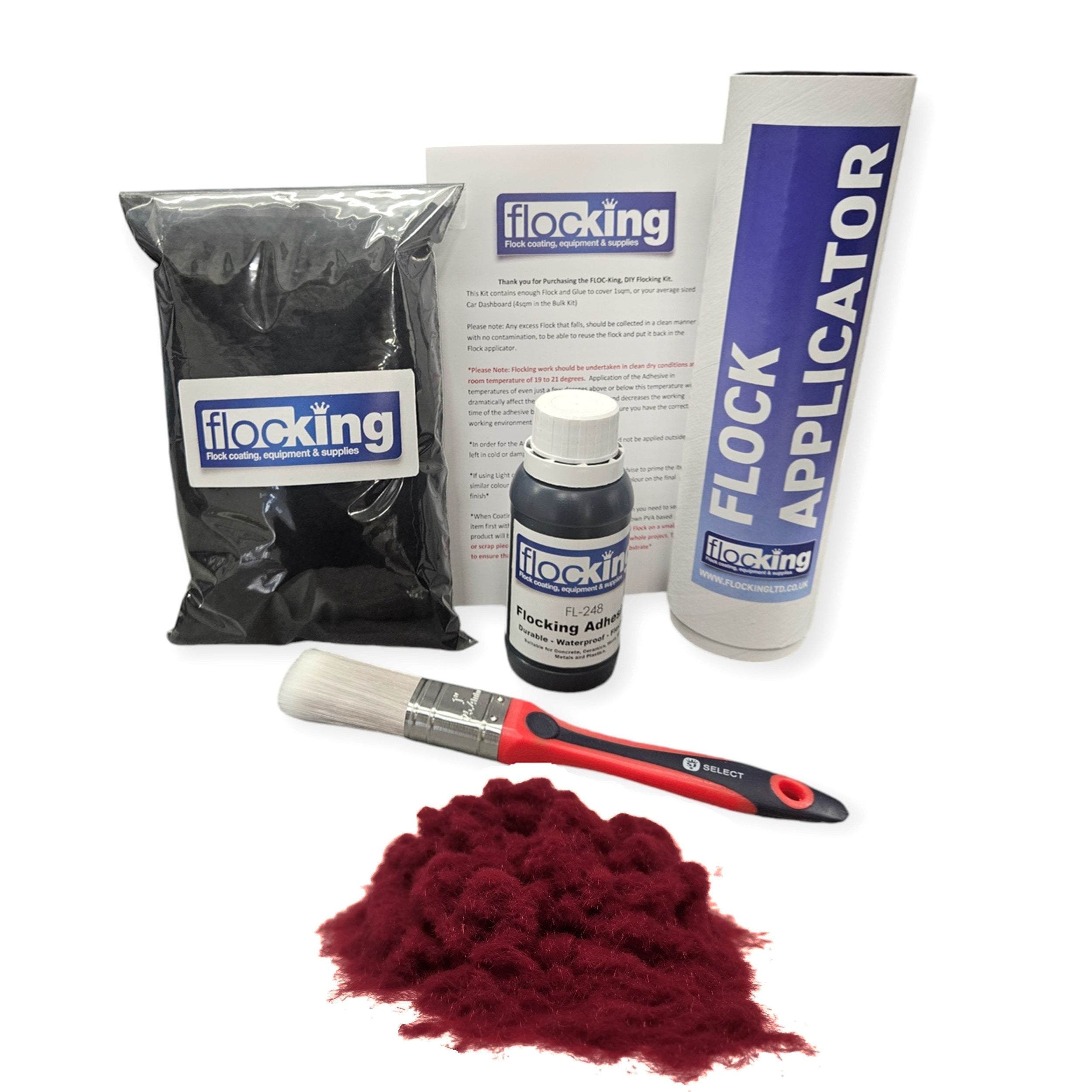 Flocking Kit with Wine Red 1mm flock fibres, Pre- Pigmented 1 part Wine Red Flocking Adhesive, a manual tube applicator, a paint brush to apply the Glue and full step by step instruction manual.