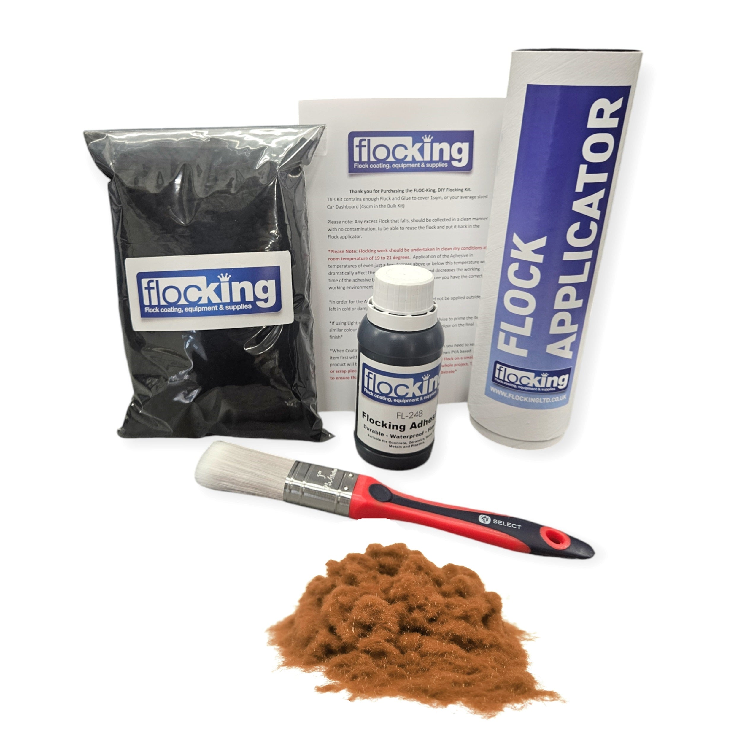 Flocking Kit with Cinnamon Brown 1mm flock fibres, Pre- Pigmented 1 part Cinnamon Brown Flocking Adhesive, a manual tube applicator, a paint brush to apply the Glue and full step by step instruction manual.