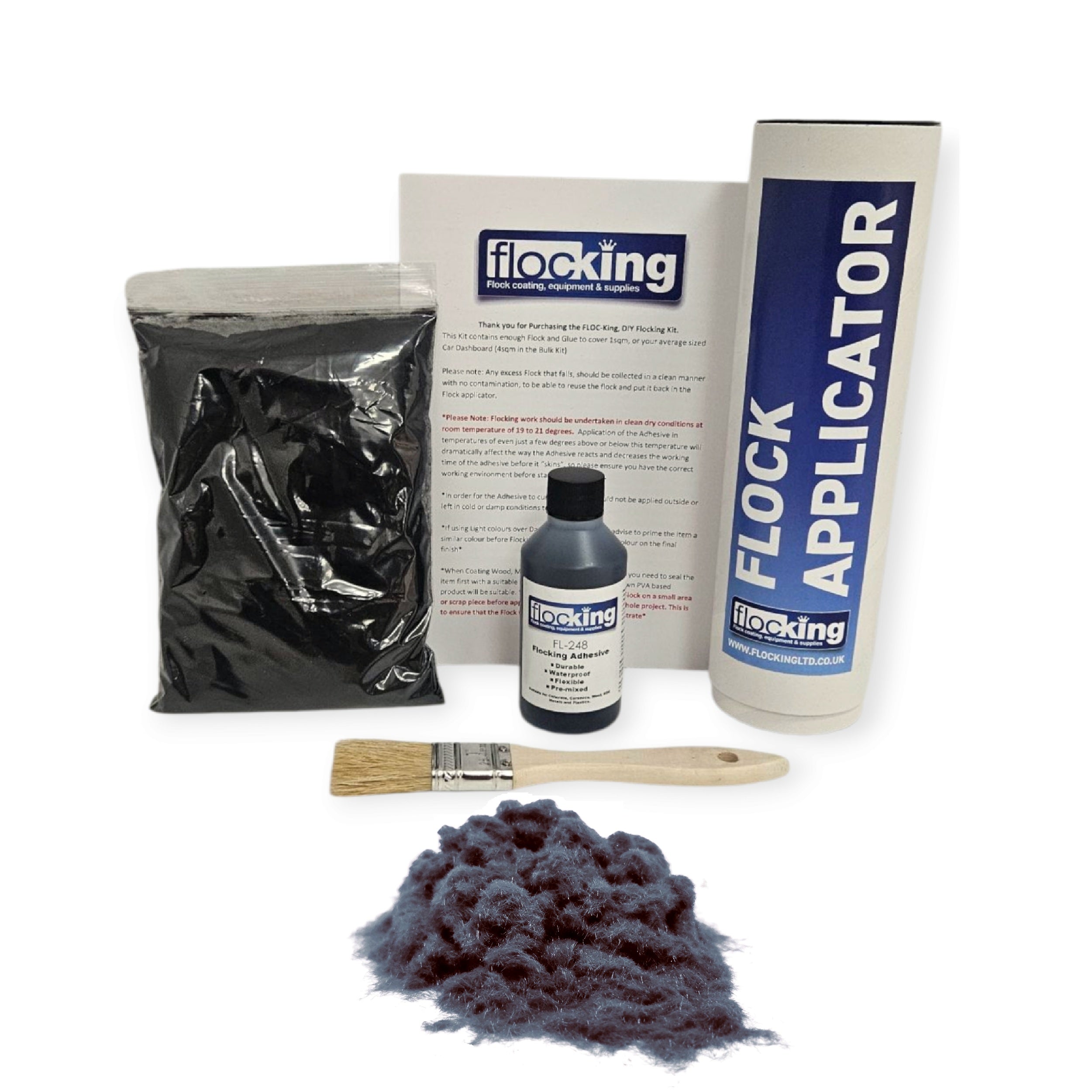 Small DIY Flocking Kit with Flocking Fibres in Anthracite Grey colour, 50ml Flocking Adhesives pre pigmented to the same colour as the flock, a manual tube flocking applicator, brush and full instruction guide. 