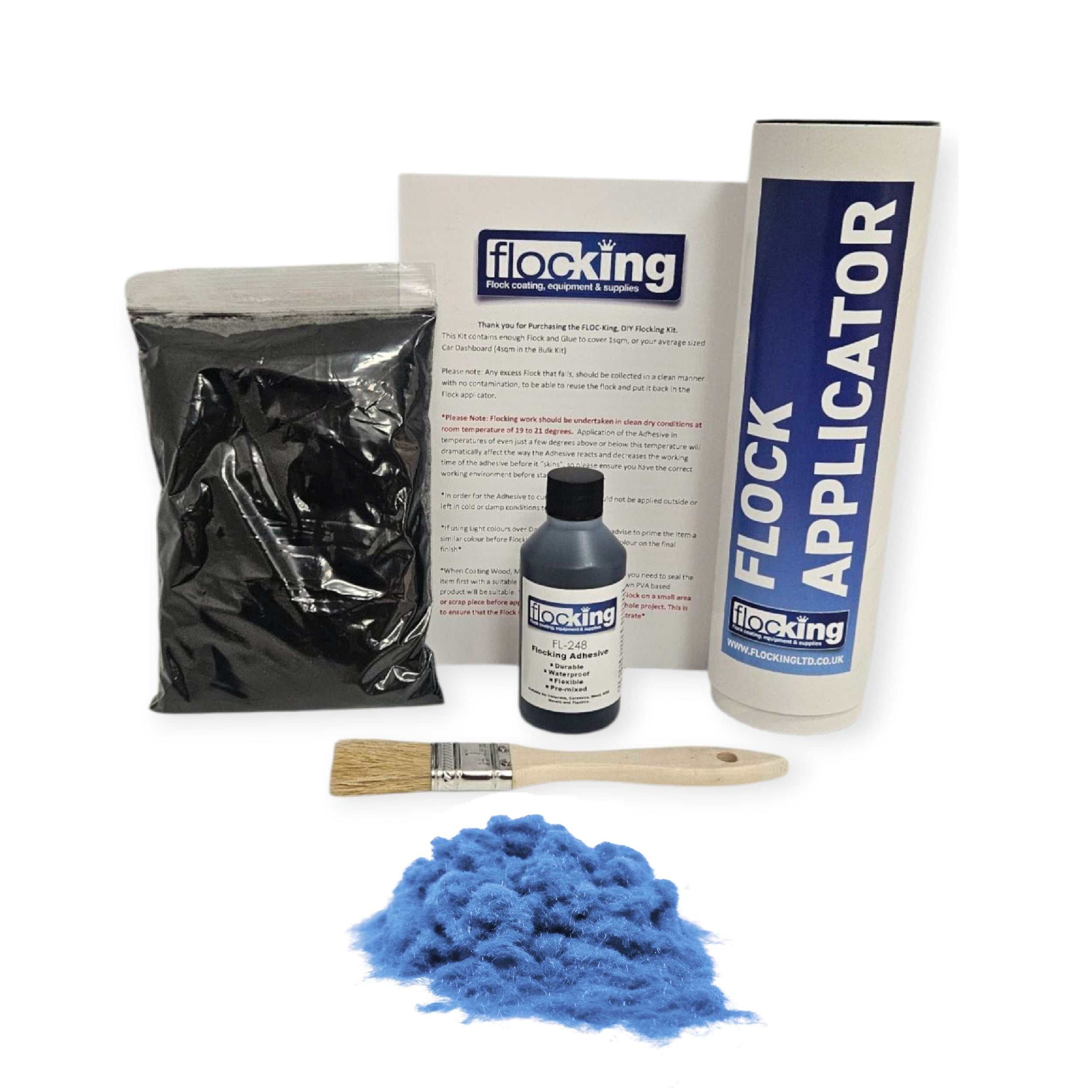 Small DIY Flocking Kit with Flocking Fibres in Aqua Blue colour, 50ml Flocking Adhesives pre pigmented to the same colour as the flock, a manual tube flocking applicator, brush and full instruction guide. 