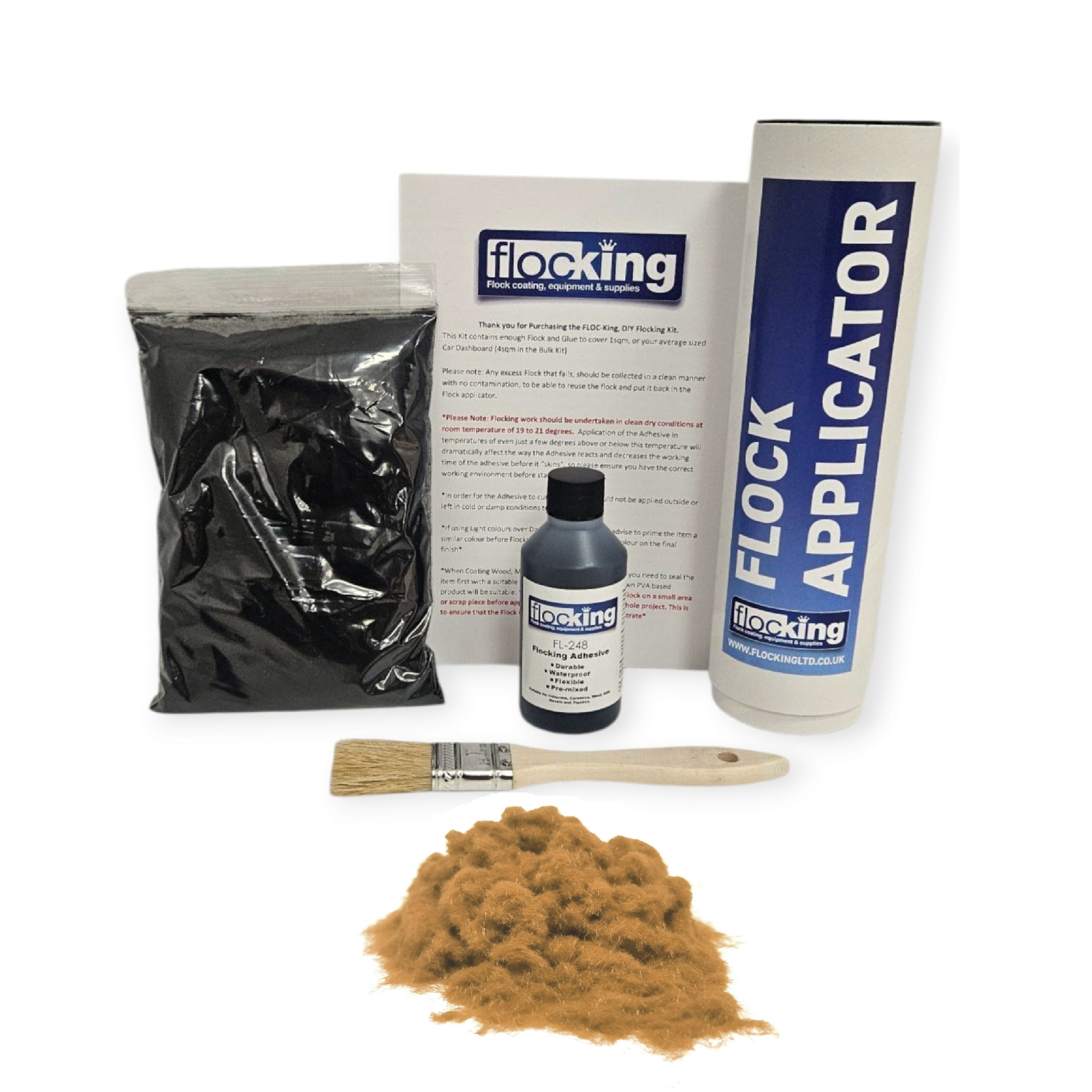 Small DIY Flocking Kit with Flocking Fibres in Arena Brown colour, 50ml Flocking Adhesives pre pigmented to the same colour as the flock, a manual tube flocking applicator, brush and full instruction guide. 