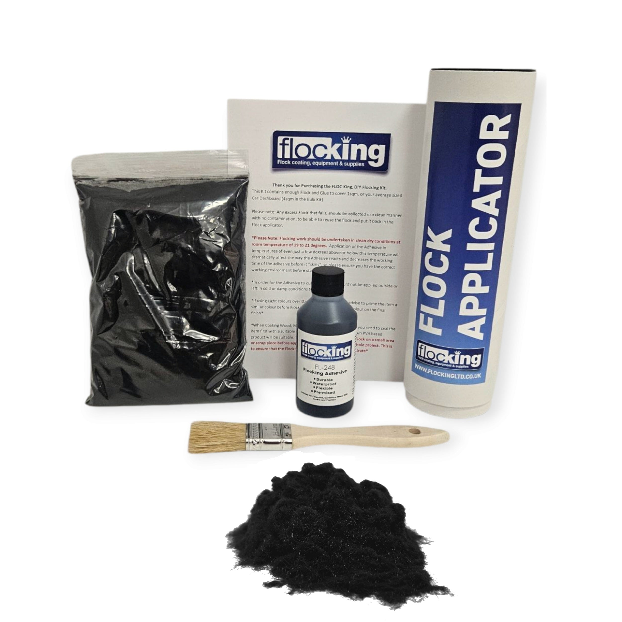 Small DIY Flocking Kit with Flocking Fibres in Black colour, 50ml Flocking Adhesives pre pigmented to the same colour as the flock, a manual tube flocking applicator, brush and full instruction guide. 