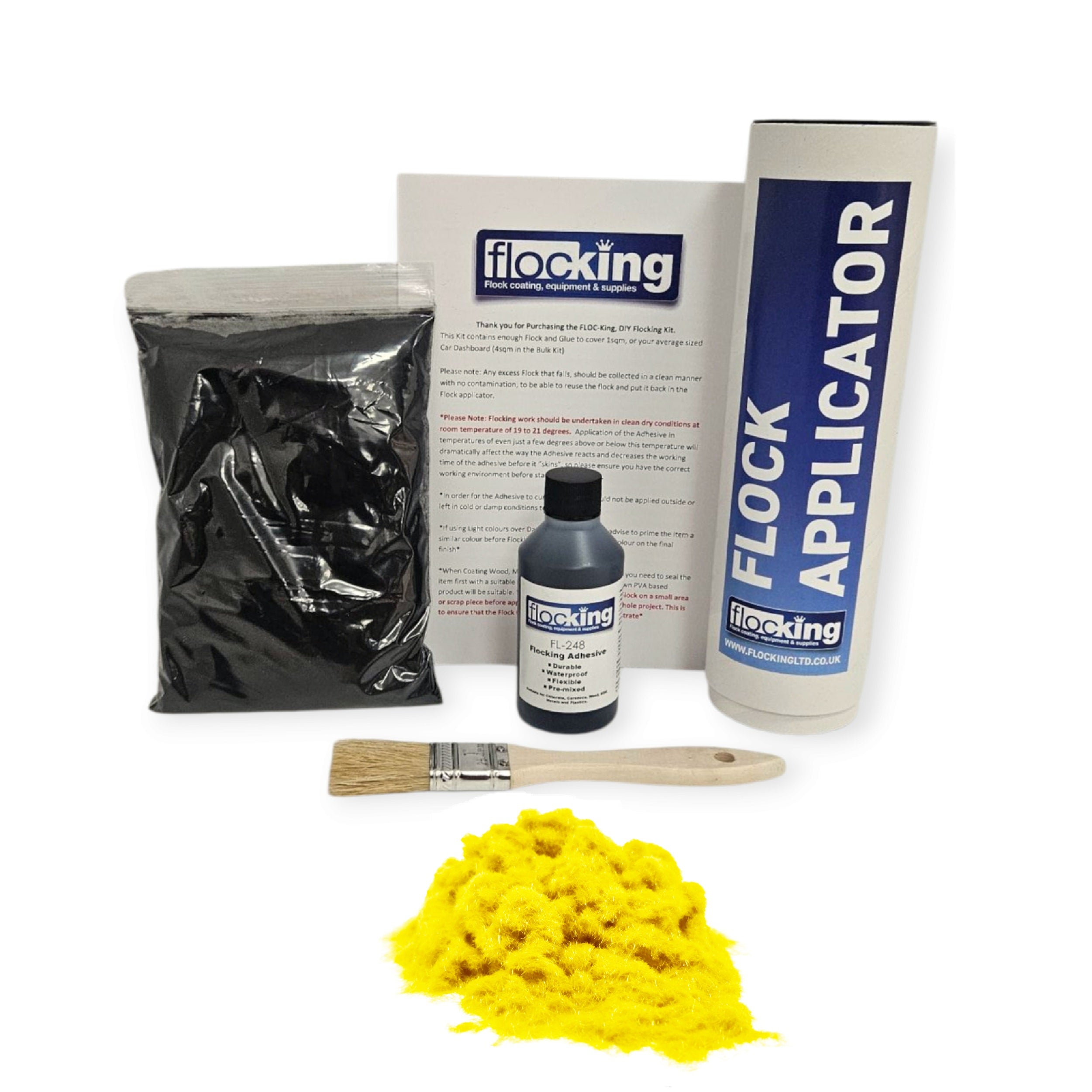 Small DIY Flocking Kit with Flocking Fibres in Canary Yellow colour, 50ml Flocking Adhesives pre pigmented to the same colour as the flock, a manual tube flocking applicator, brush and full instruction guide. 