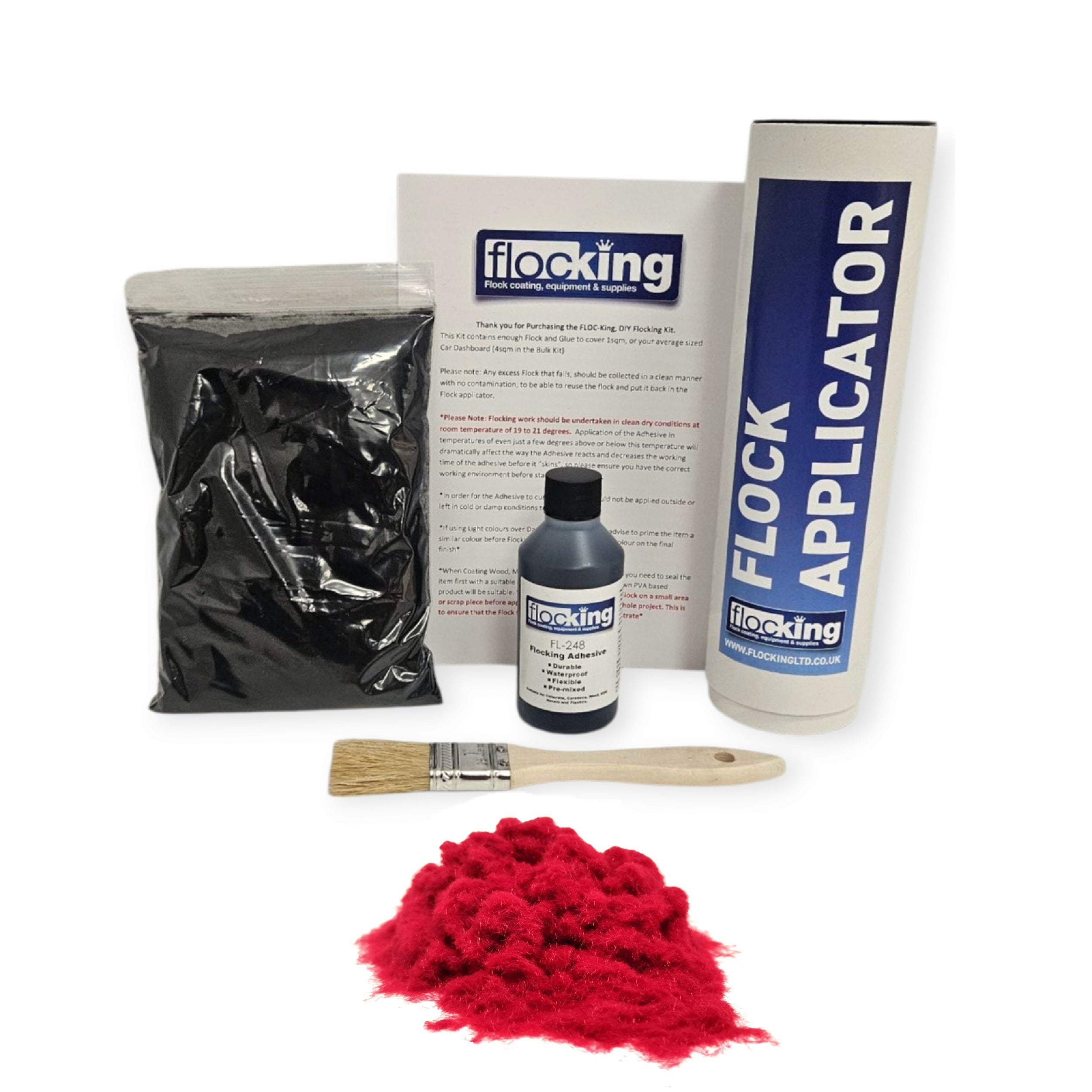 Small DIY Flocking Kit with Flocking Fibres in Chiili Red colour, 50ml Flocking Adhesives pre pigmented to the same colour as the flock, a manual tube flocking applicator, brush and full instruction guide. 