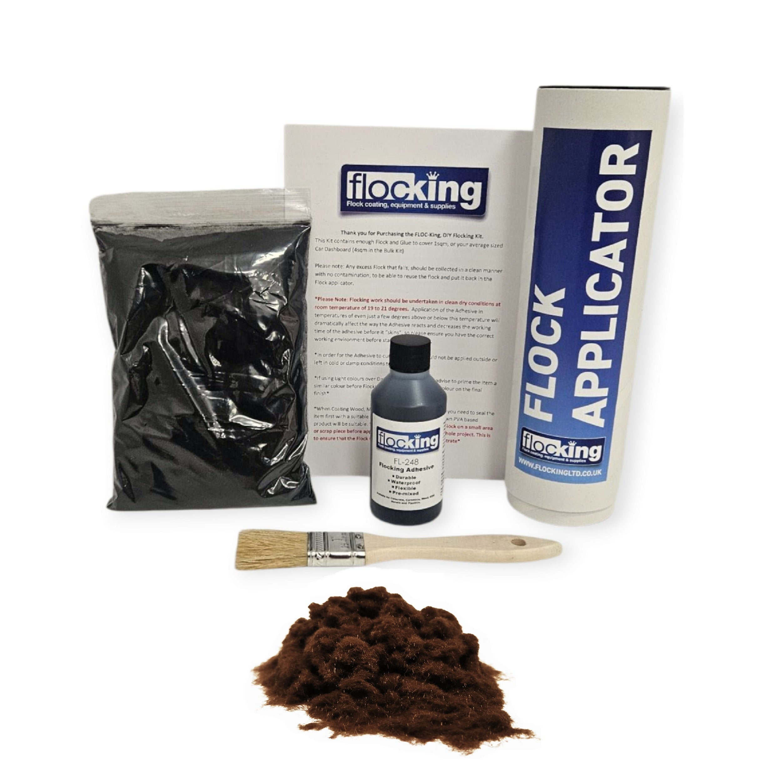 Small DIY Flocking Kit with Flocking Fibres in Dark Brown colour, 50ml Flocking Adhesives pre pigmented to the same colour as the flock, a manual tube flocking applicator, brush and full instruction guide. 