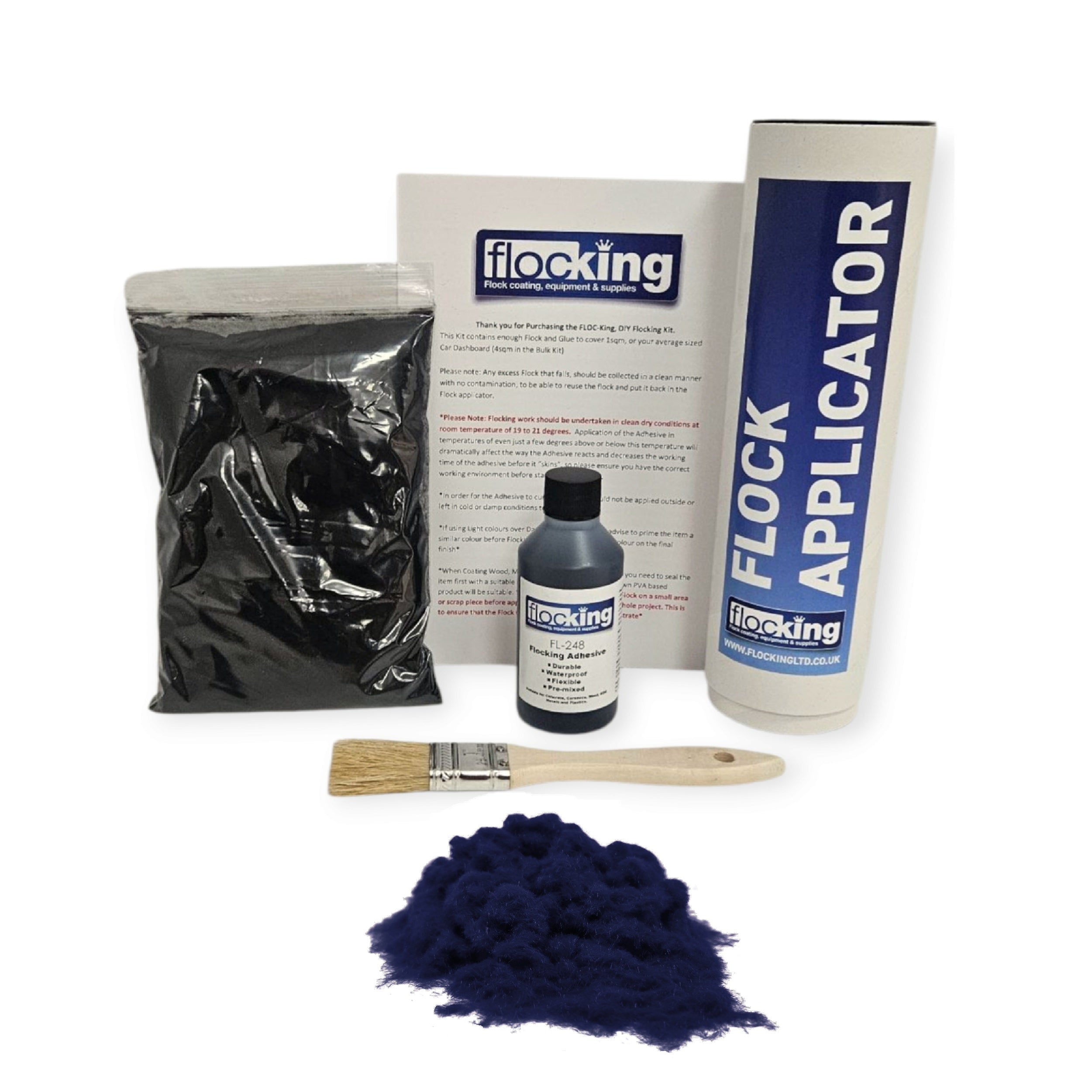 Small DIY Flocking Kit with Flocking Fibres in Dark Navy colour, 50ml Flocking Adhesives pre pigmented to the same colour as the flock, a manual tube flocking applicator, brush and full instruction guide. 