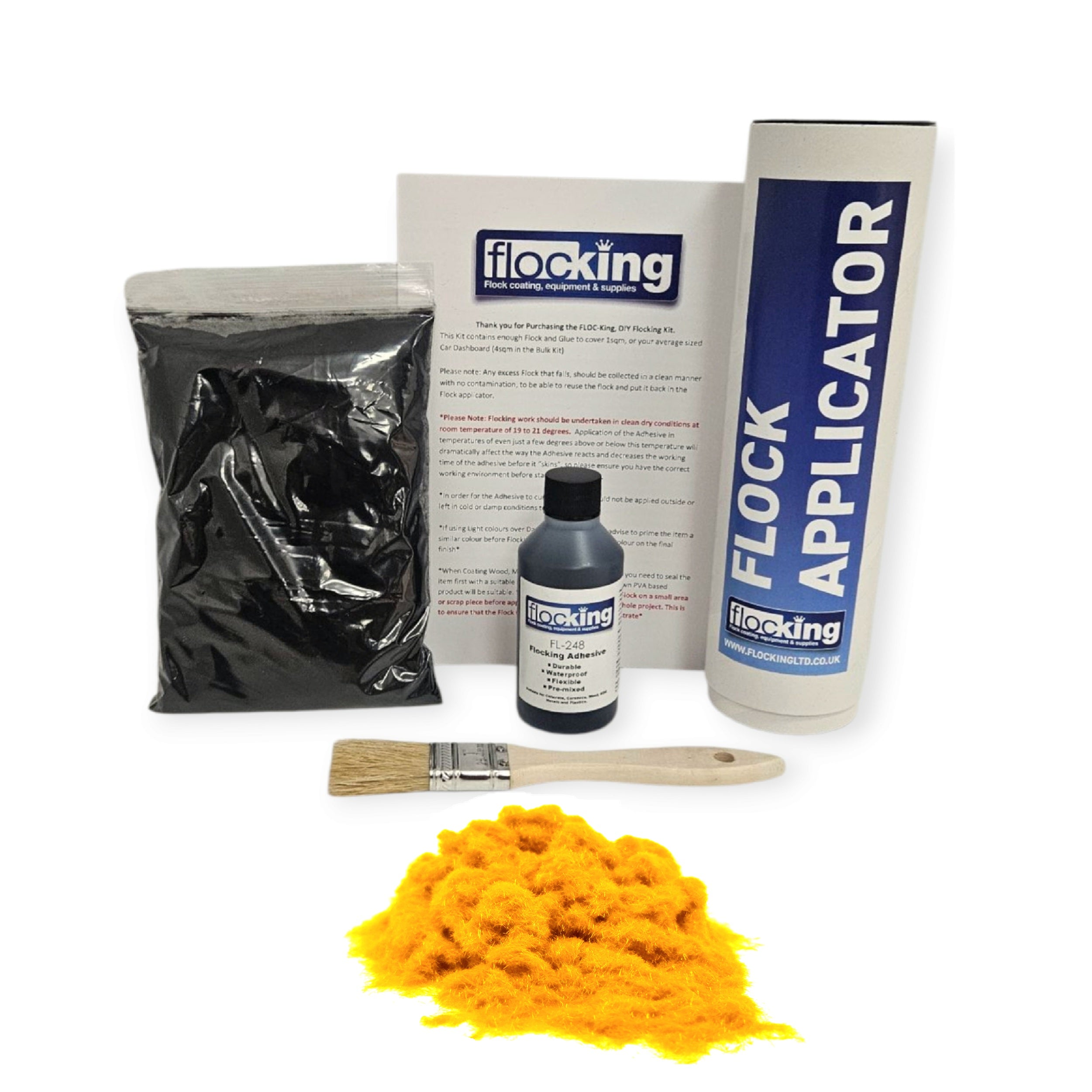 Small DIY Flocking Kit with Flocking Fibres in Deep Yellow colour, 50ml Flocking Adhesives pre pigmented to the same colour as the flock, a manual tube flocking applicator, brush and full instruction guide. 