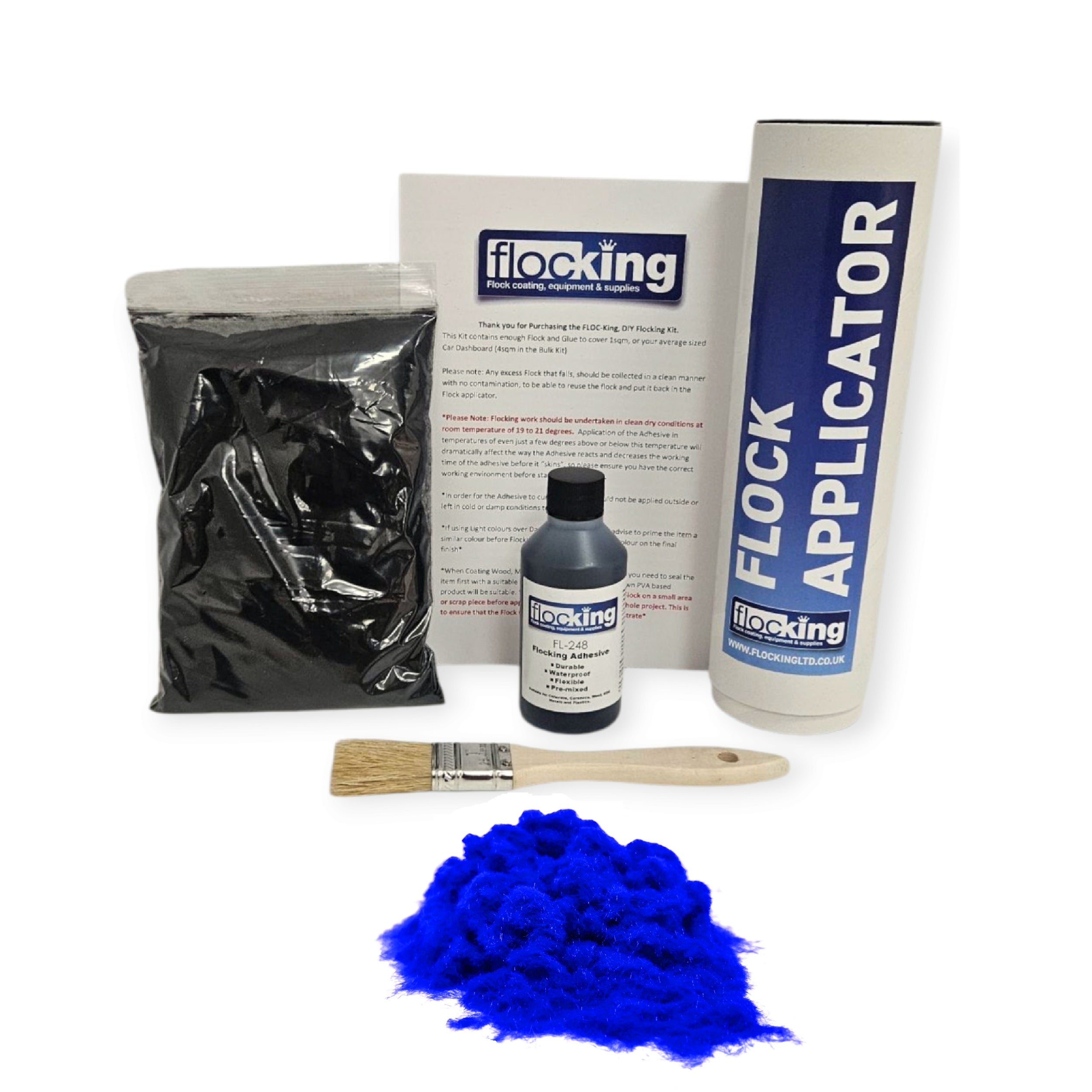Small DIY Flocking Kit with Flocking Fibres in Electric Blue colour, 50ml Flocking Adhesives pre pigmented to the same colour as the flock, a manual tube flocking applicator, brush and full instruction guide. 