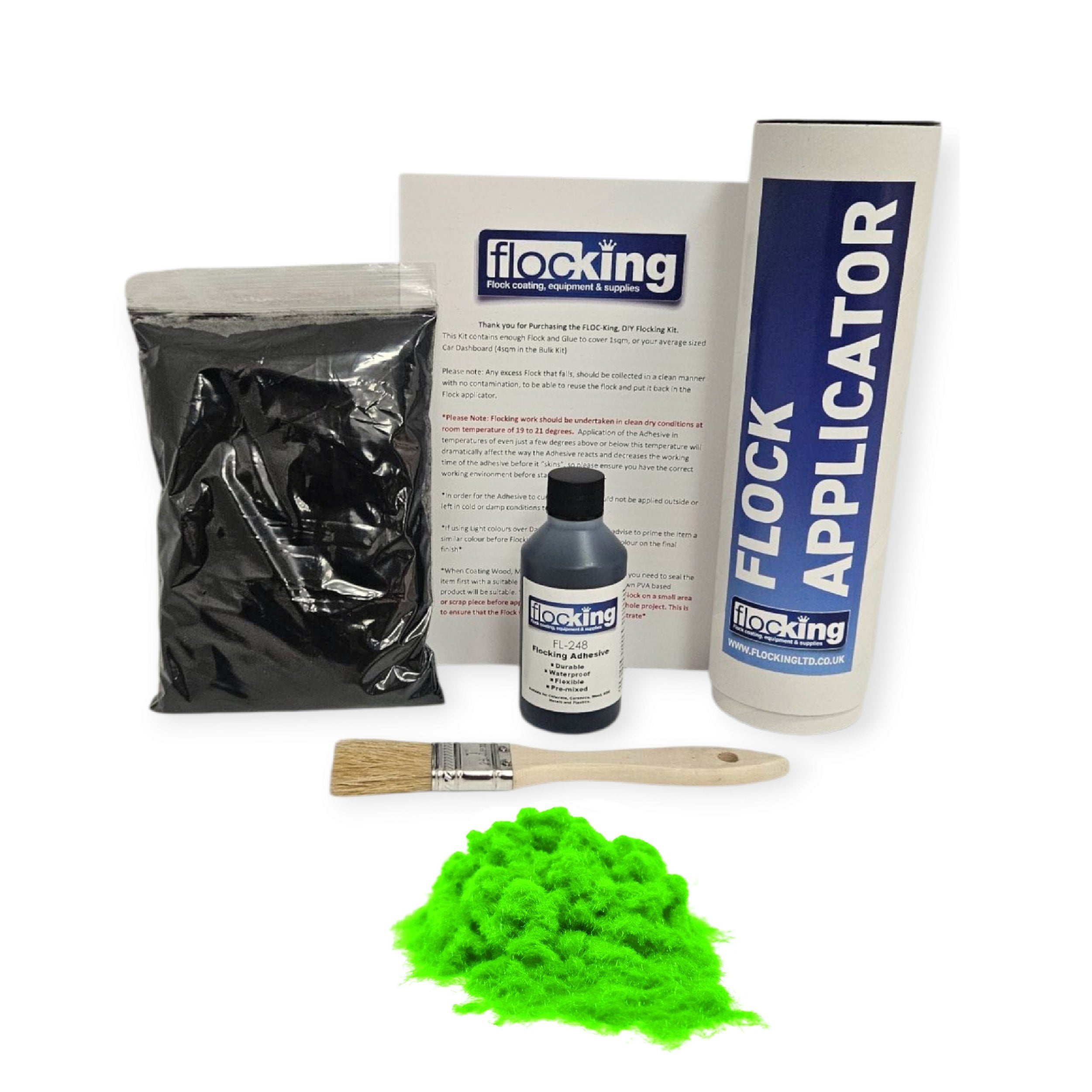Small DIY Flocking Kit with Flocking Fibres in Fluorescent Green colour, 50ml Flocking Adhesives pre pigmented to the same colour as the flock, a manual tube flocking applicator, brush and full instruction guide. 