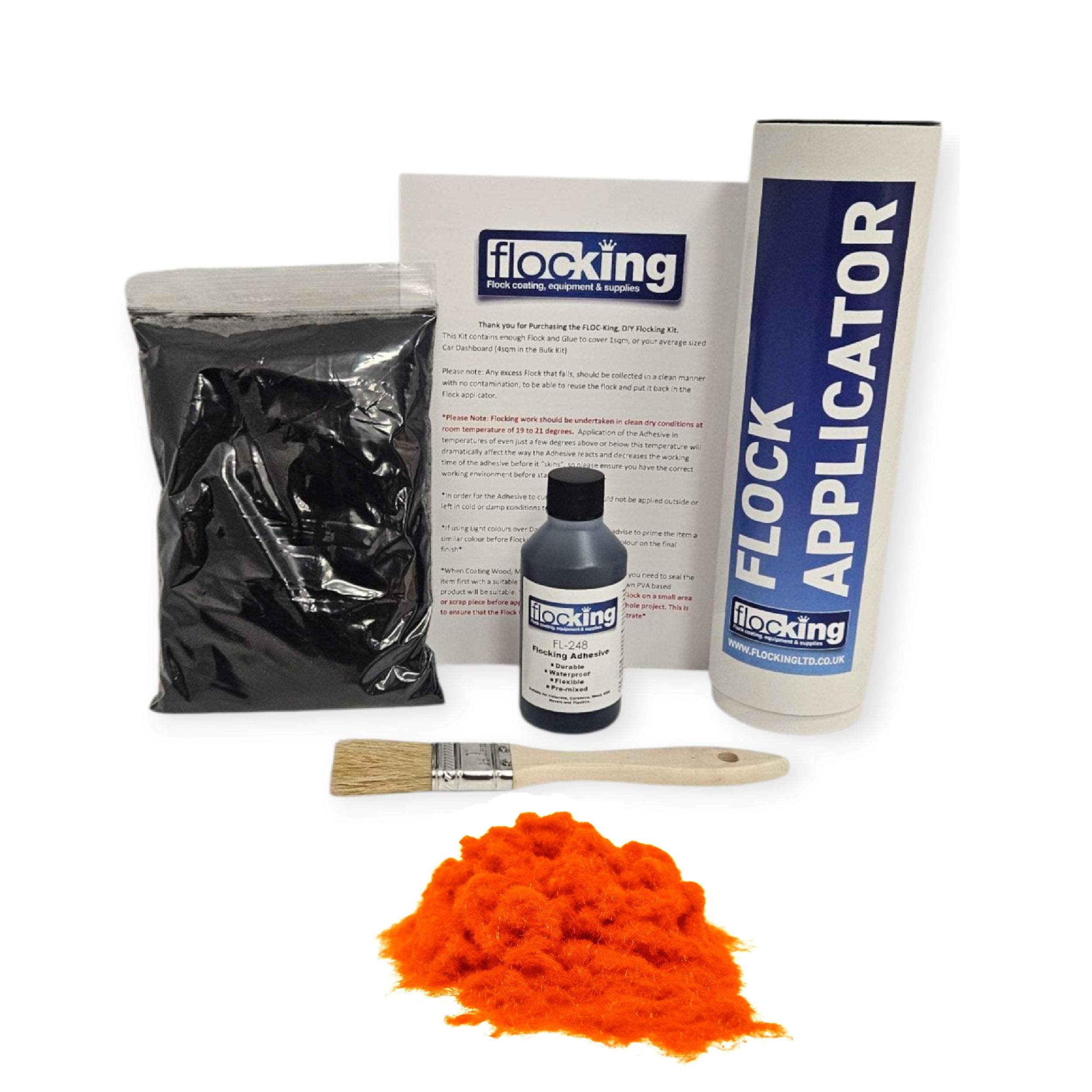 Small DIY Flocking Kit with Flocking Fibres in Fluorescent Orange colour, 50ml Flocking Adhesives pre pigmented to the same colour as the flock, a manual tube flocking applicator, brush and full instruction guide. 
